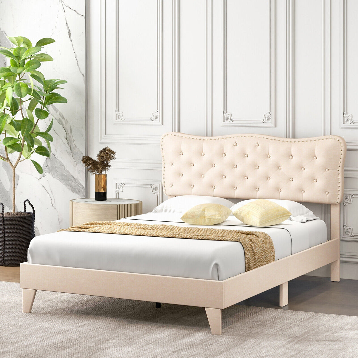 Full/Queen Size Bed Frame with Nail Headboard and Wooden Slats-Queen Size-Simple Bed Frame-DECOROLALA