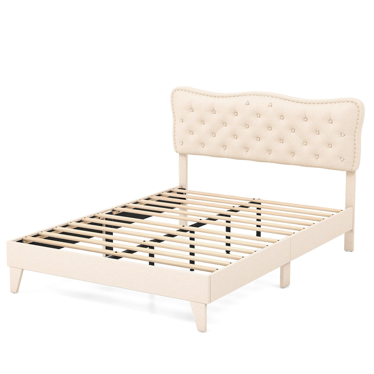 Full/Queen Size Bed Frame with Nail Headboard and Wooden Slats-Queen Size-Simple Bed Frame-DECOROLALA