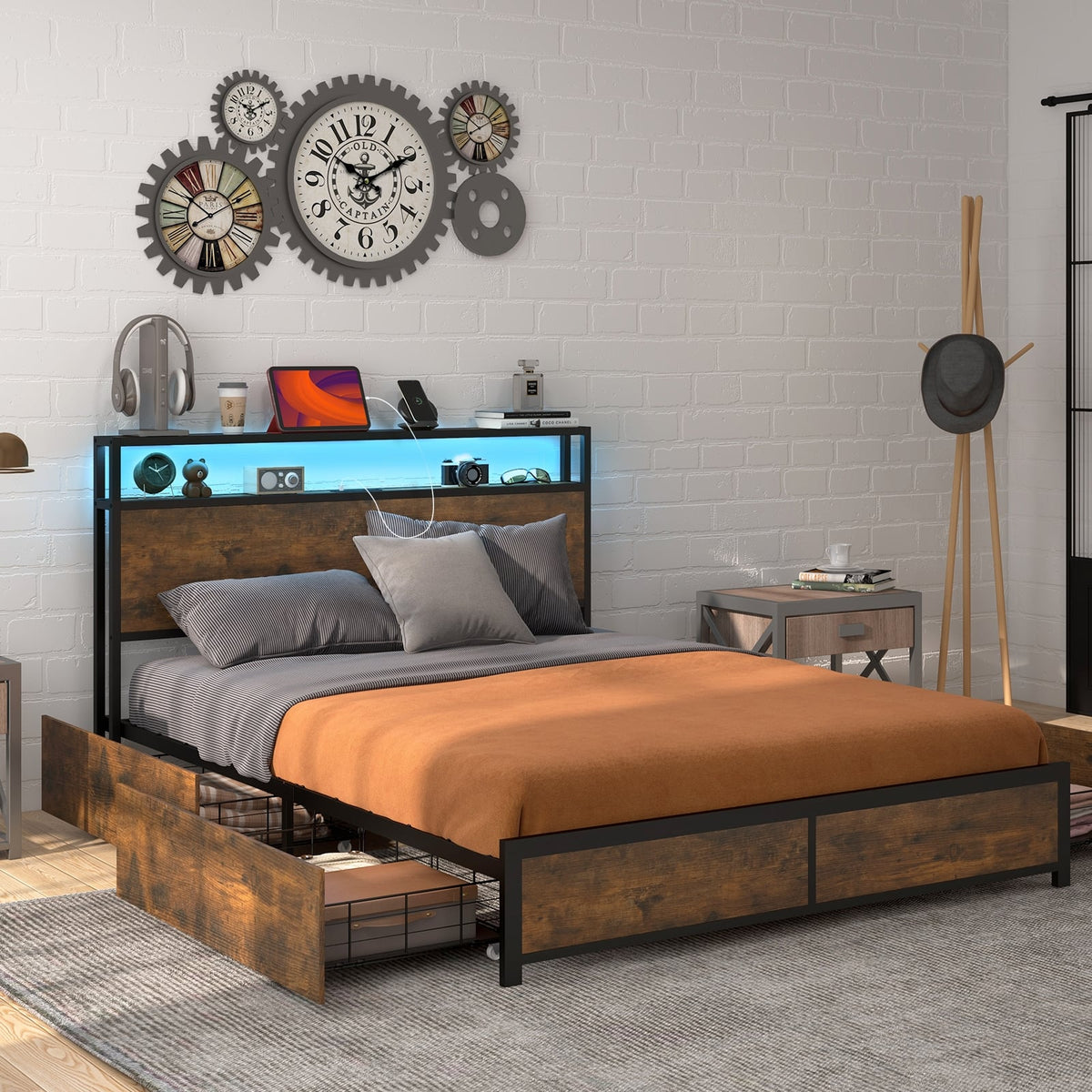 Full/Queen Size Bed Frame with Smart LED Lights and Storage Drawers-Full Size-Simple Bed Frame-DECOROLALA