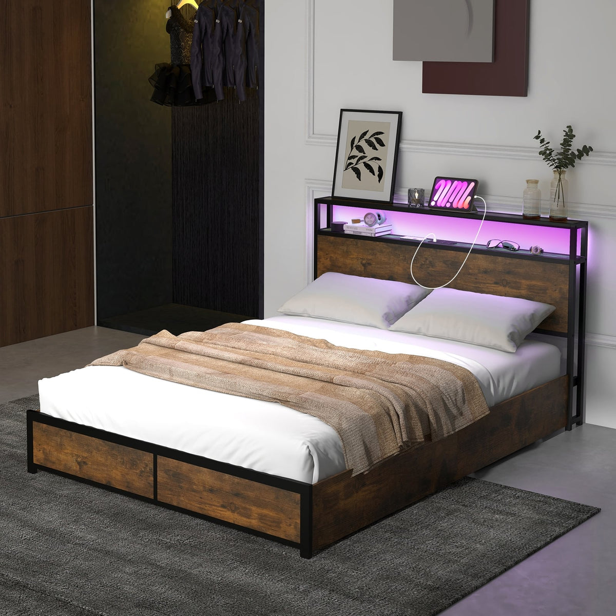 Full/Queen Size Bed Frame with Smart LED Lights and Storage Drawers-Full Size-Simple Bed Frame-DECOROLALA