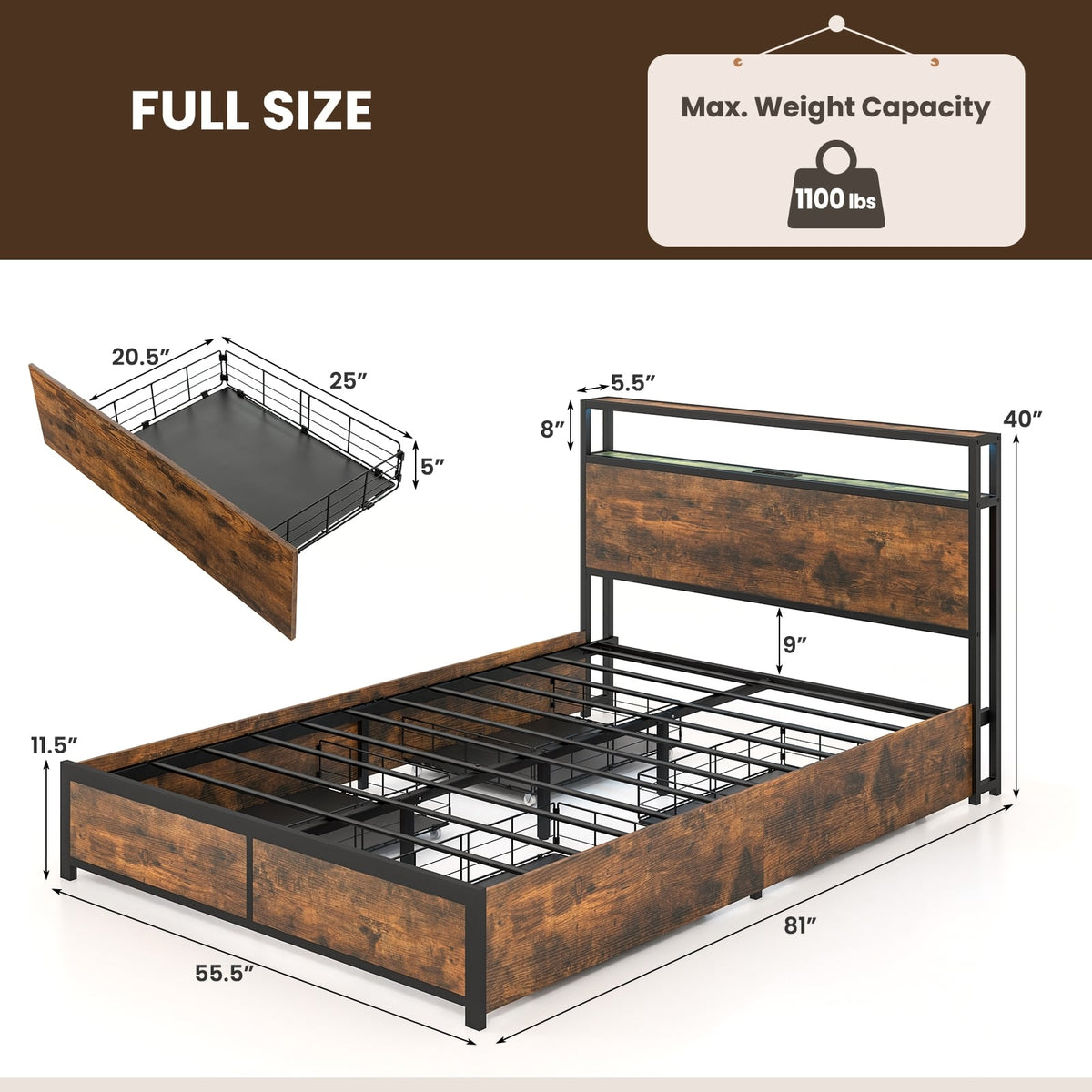 Full/Queen Size Bed Frame with Smart LED Lights and Storage Drawers-Full Size-Simple Bed Frame-DECOROLALA
