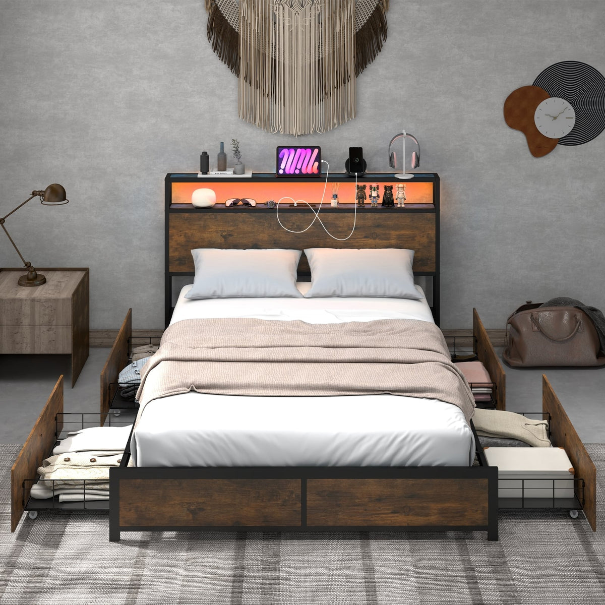 Full/Queen Size Bed Frame with Smart LED Lights and Storage Drawers-Full Size-Simple Bed Frame-DECOROLALA
