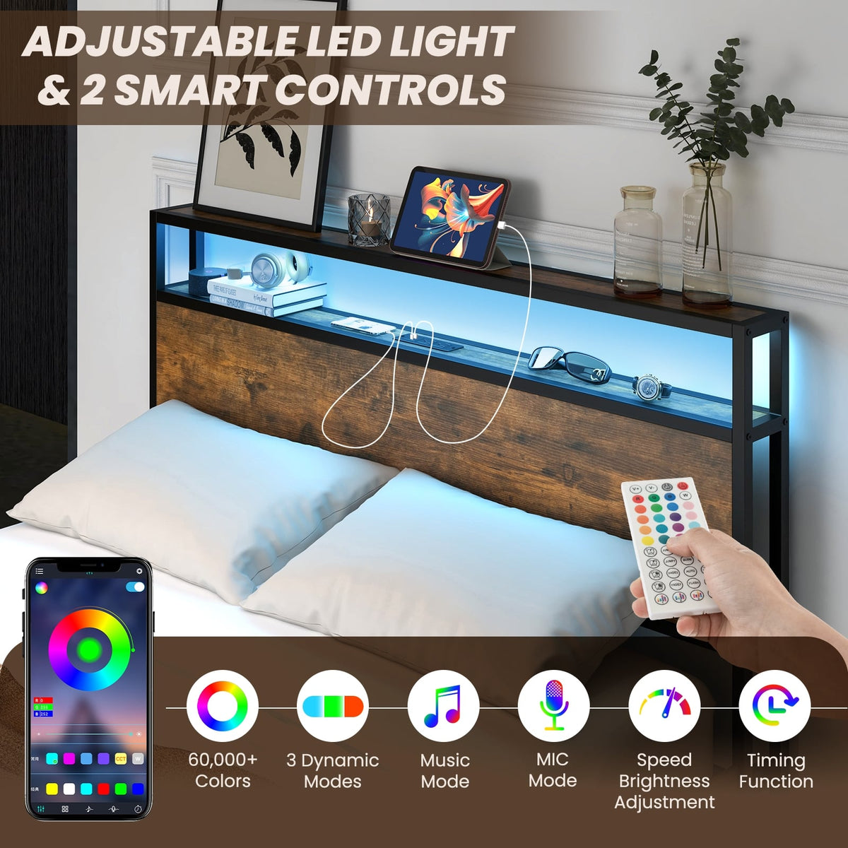 Full/Queen Size Bed Frame with Smart LED Lights and Storage Drawers-Full Size-Simple Bed Frame-DECOROLALA