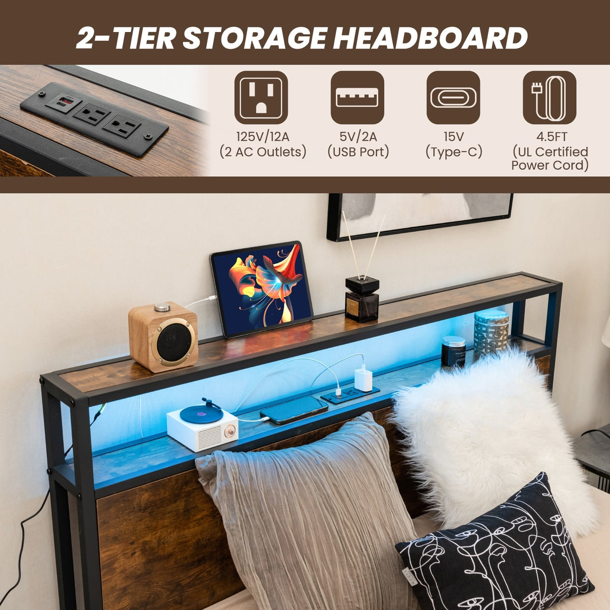Full/Queen Size Bed Frame with Smart LED Lights and Storage Drawers-Full Size-Simple Bed Frame-DECOROLALA