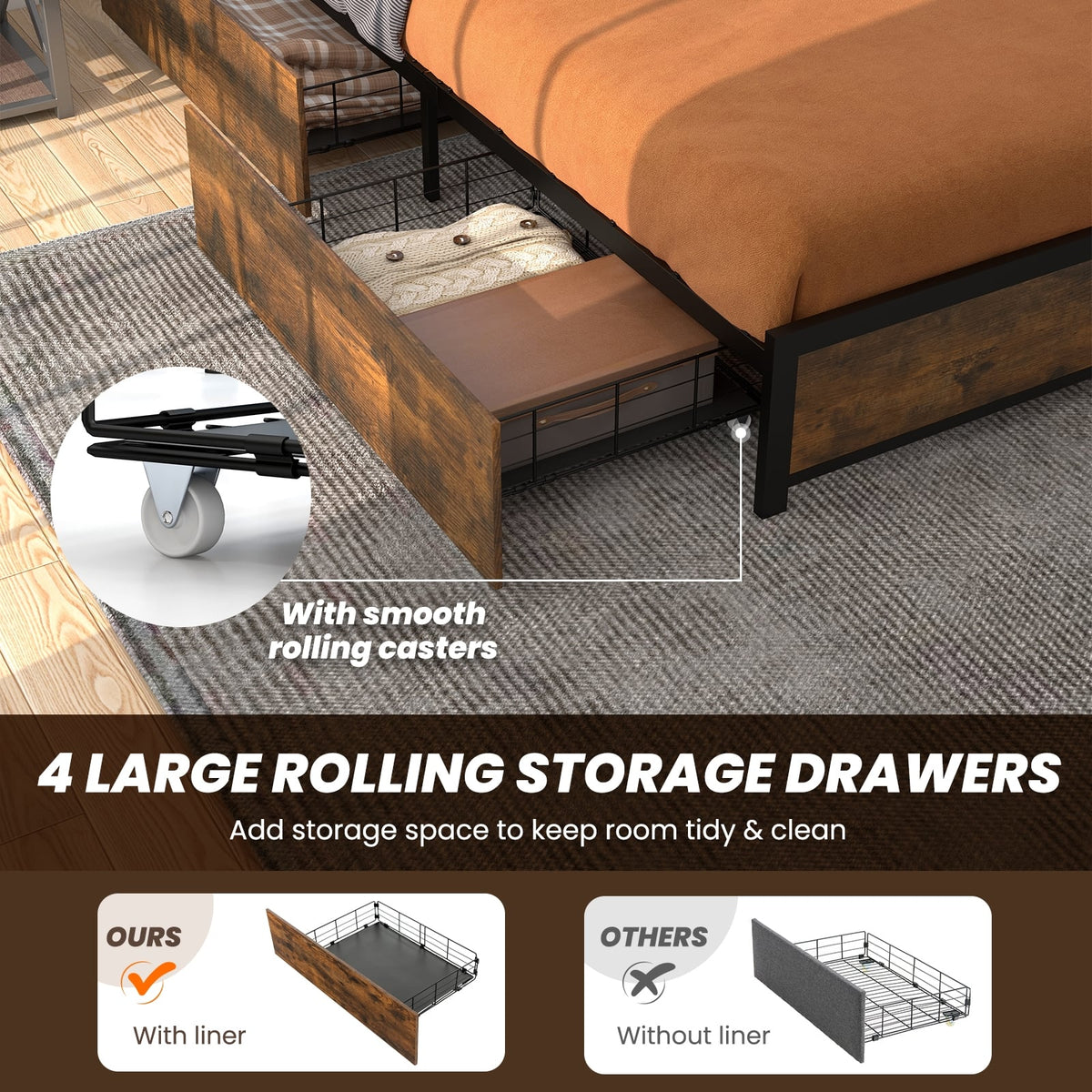 Full/Queen Size Bed Frame with Smart LED Lights and Storage Drawers-Full Size-Simple Bed Frame-DECOROLALA