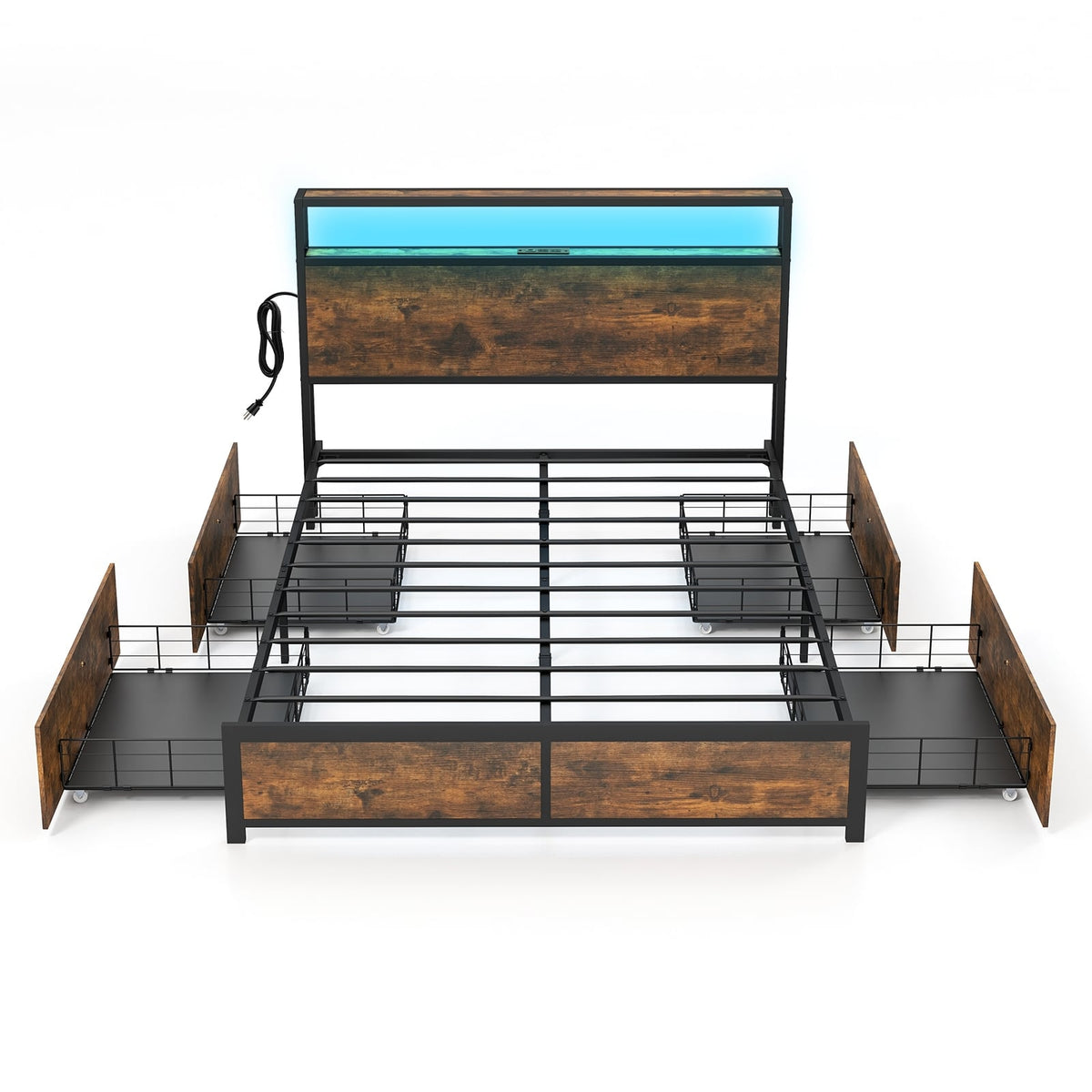 Full/Queen Size Bed Frame with Smart LED Lights and Storage Drawers-Full Size-Simple Bed Frame-DECOROLALA