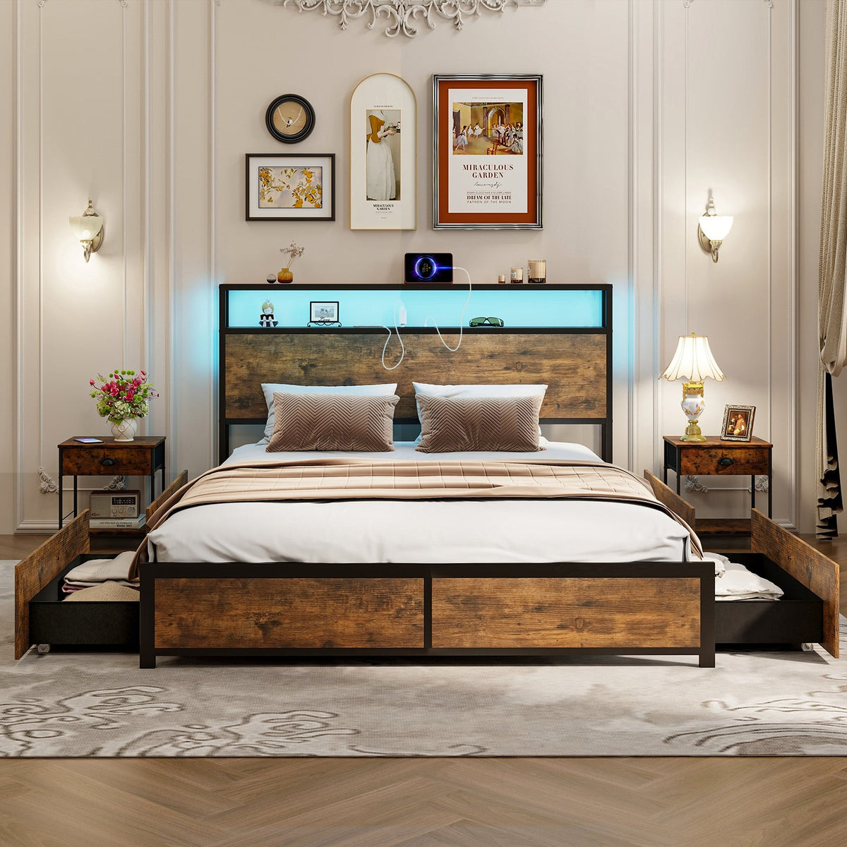 Full/Queen Size Bed Frame with Smart LED Lights and Storage Drawers-Queen Size-Simple Bed Frame-DECOROLALA