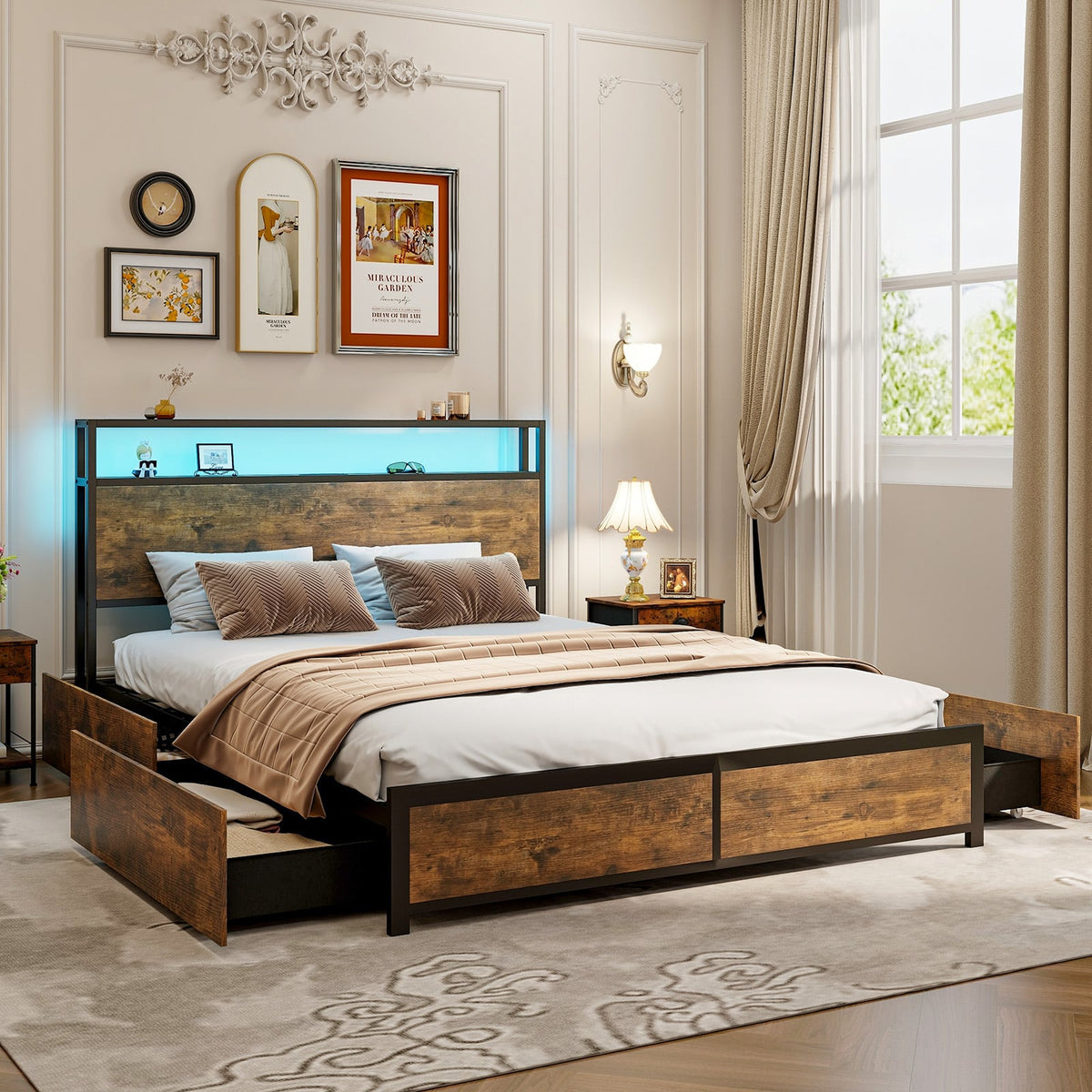 Full/Queen Size Bed Frame with Smart LED Lights and Storage Drawers-Queen Size-Simple Bed Frame-DECOROLALA