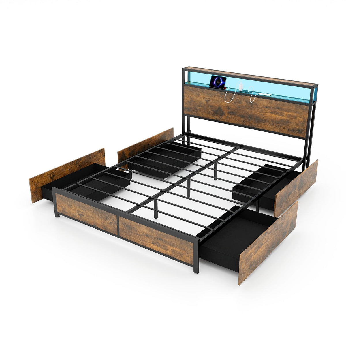 Full/Queen Size Bed Frame with Smart LED Lights and Storage Drawers-Queen Size-Simple Bed Frame-DECOROLALA