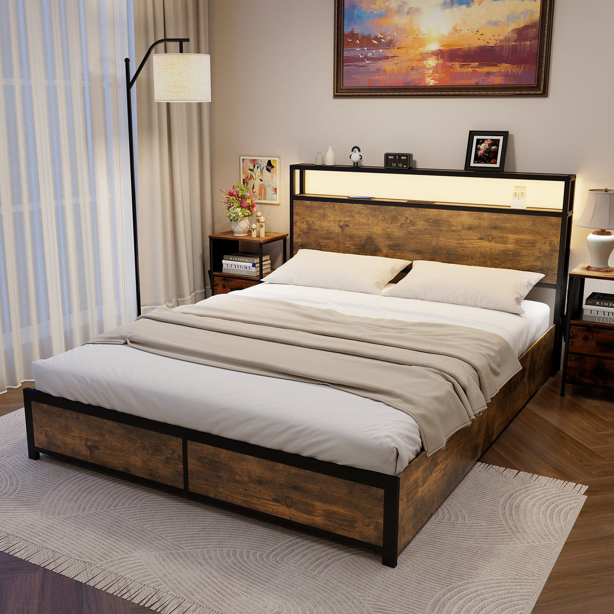 Full/Queen Size Bed Frame with Smart LED Lights and Storage Drawers-Queen Size-Simple Bed Frame-DECOROLALA