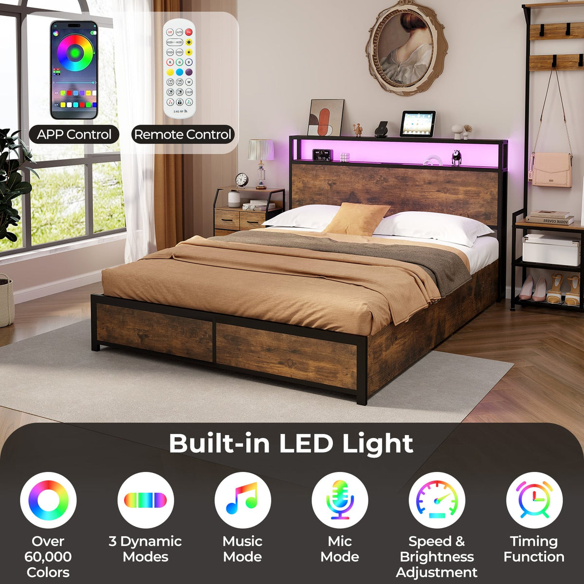 Full/Queen Size Bed Frame with Smart LED Lights and Storage Drawers-Queen Size-Simple Bed Frame-DECOROLALA