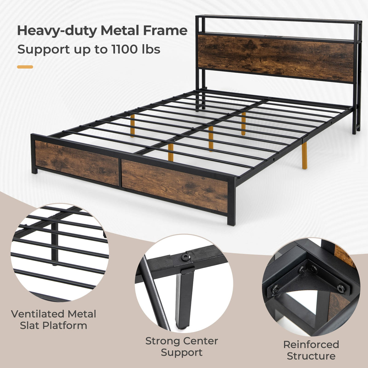 Full/Queen Size Bed Frame with Smart LED Lights and Storage Drawers-Queen Size-Simple Bed Frame-DECOROLALA
