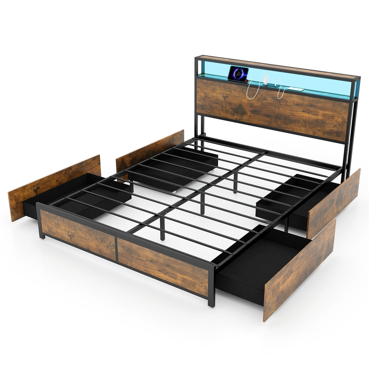 Full/Queen Size Bed Frame with Smart LED Lights and Storage Drawers-Queen Size-Simple Bed Frame-DECOROLALA