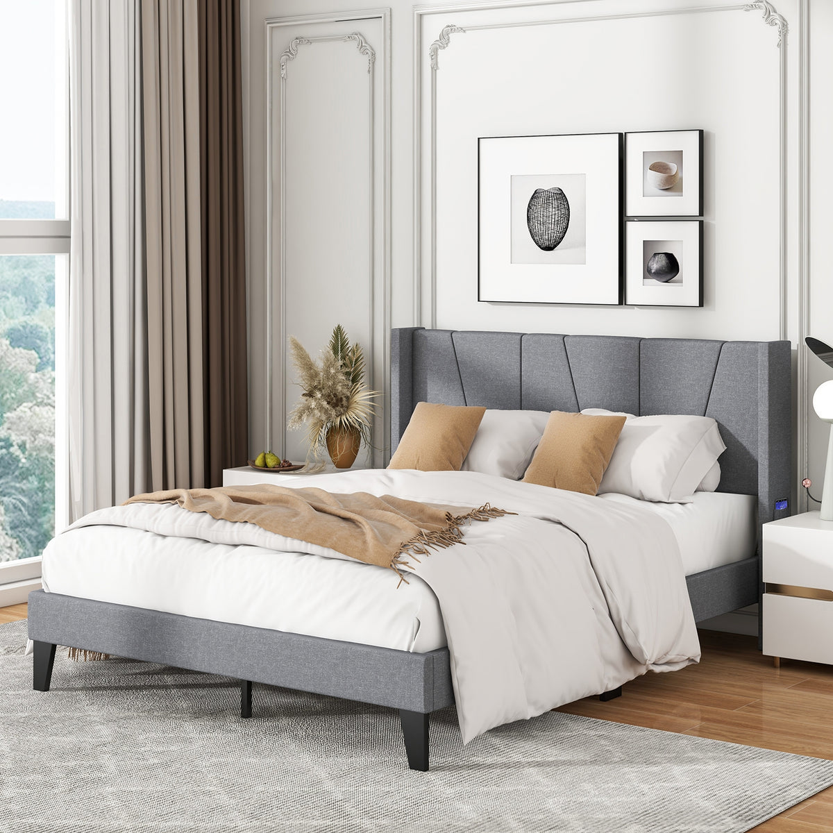 Full/Queen Size Bed Frame with Wingback Headboard and Wood Slat Support-Full Size-Simple Bed Frame-DECOROLALA