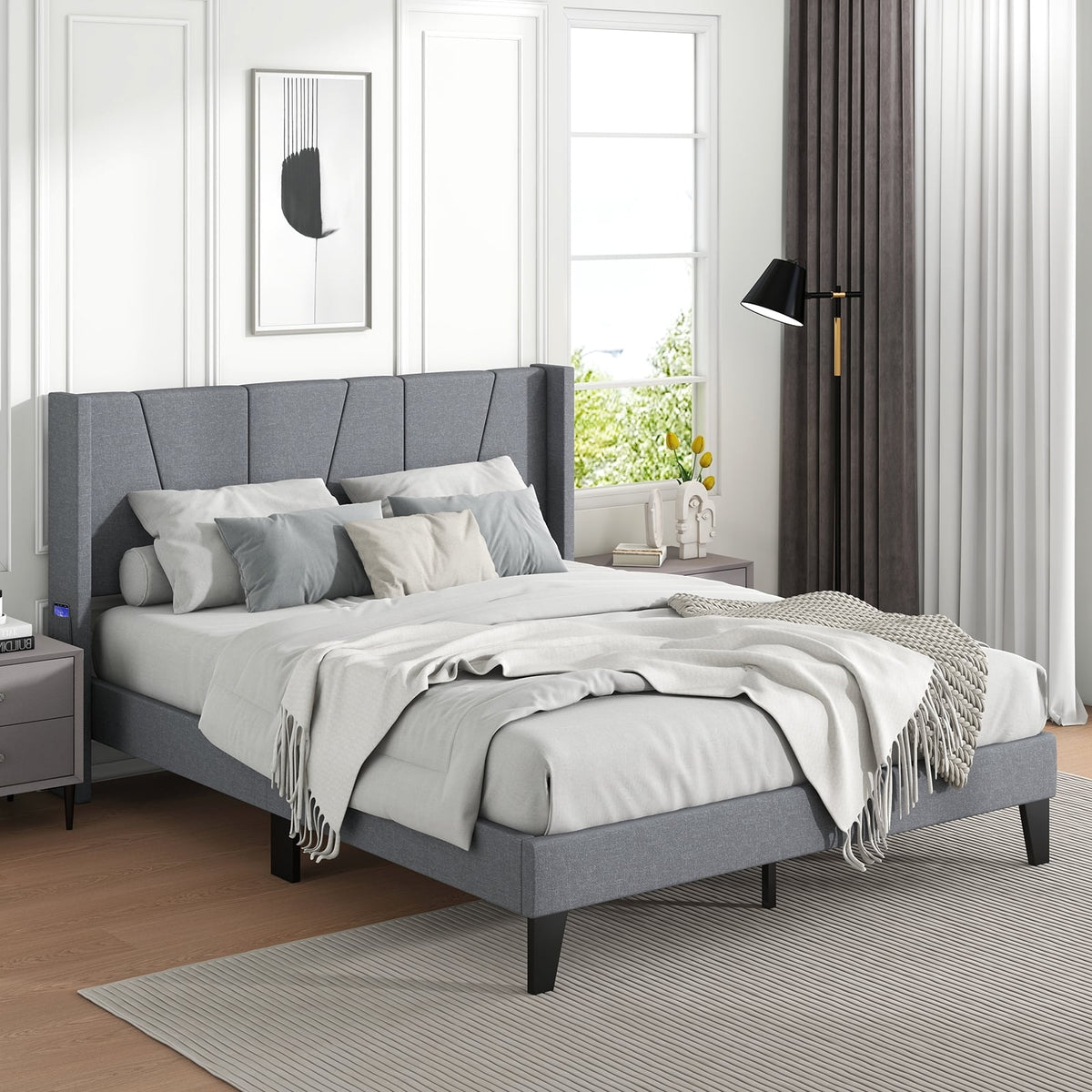 Full/Queen Size Bed Frame with Wingback Headboard and Wood Slat Support-Queen Size-Simple Bed Frame-DECOROLALA