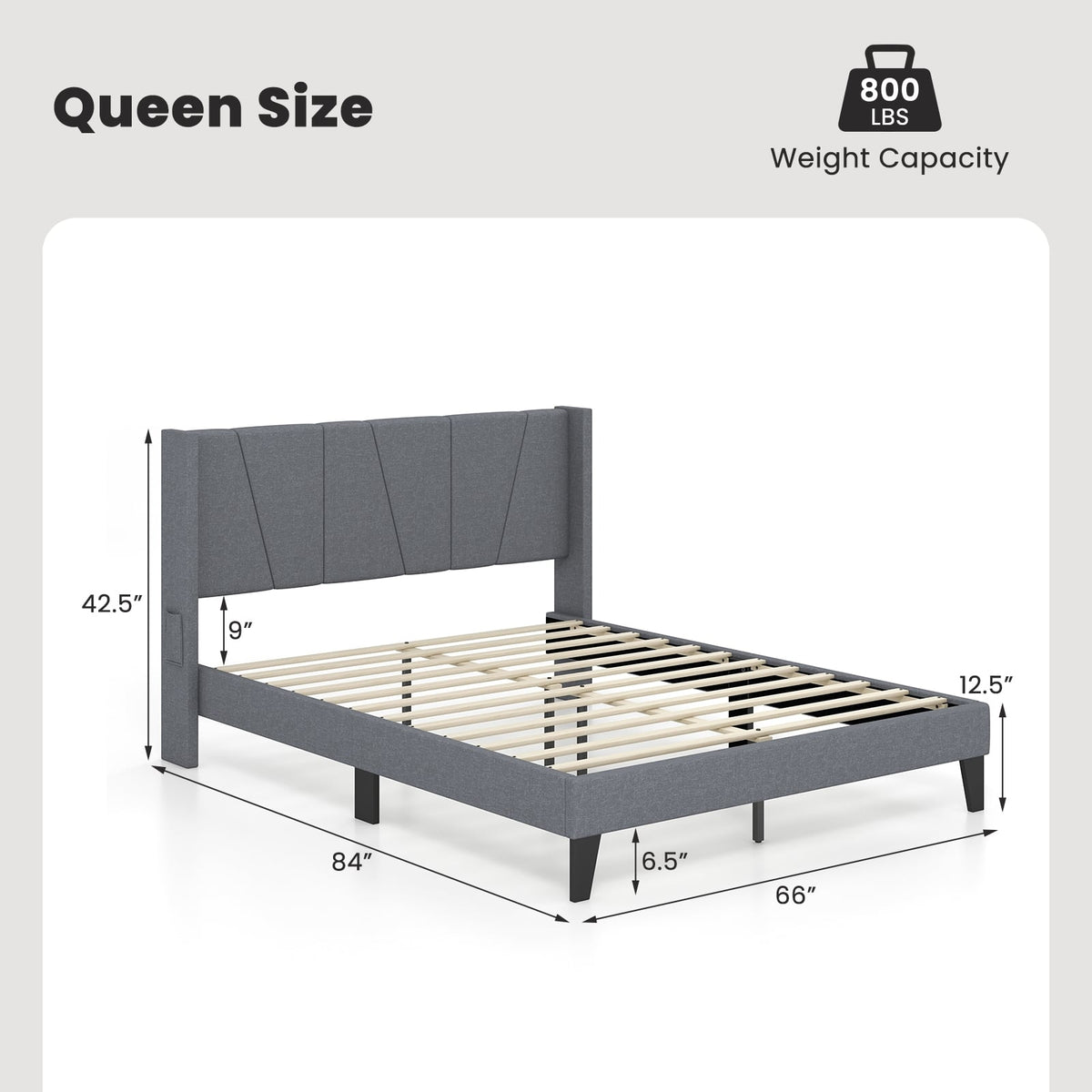 Full/Queen Size Bed Frame with Wingback Headboard and Wood Slat Support-Queen Size-Simple Bed Frame-DECOROLALA