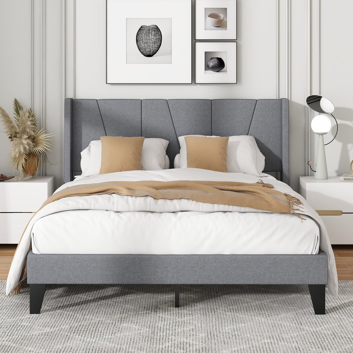 Full/Queen Size Bed Frame with Wingback Headboard and Wood Slat Support-Queen Size-Simple Bed Frame-DECOROLALA