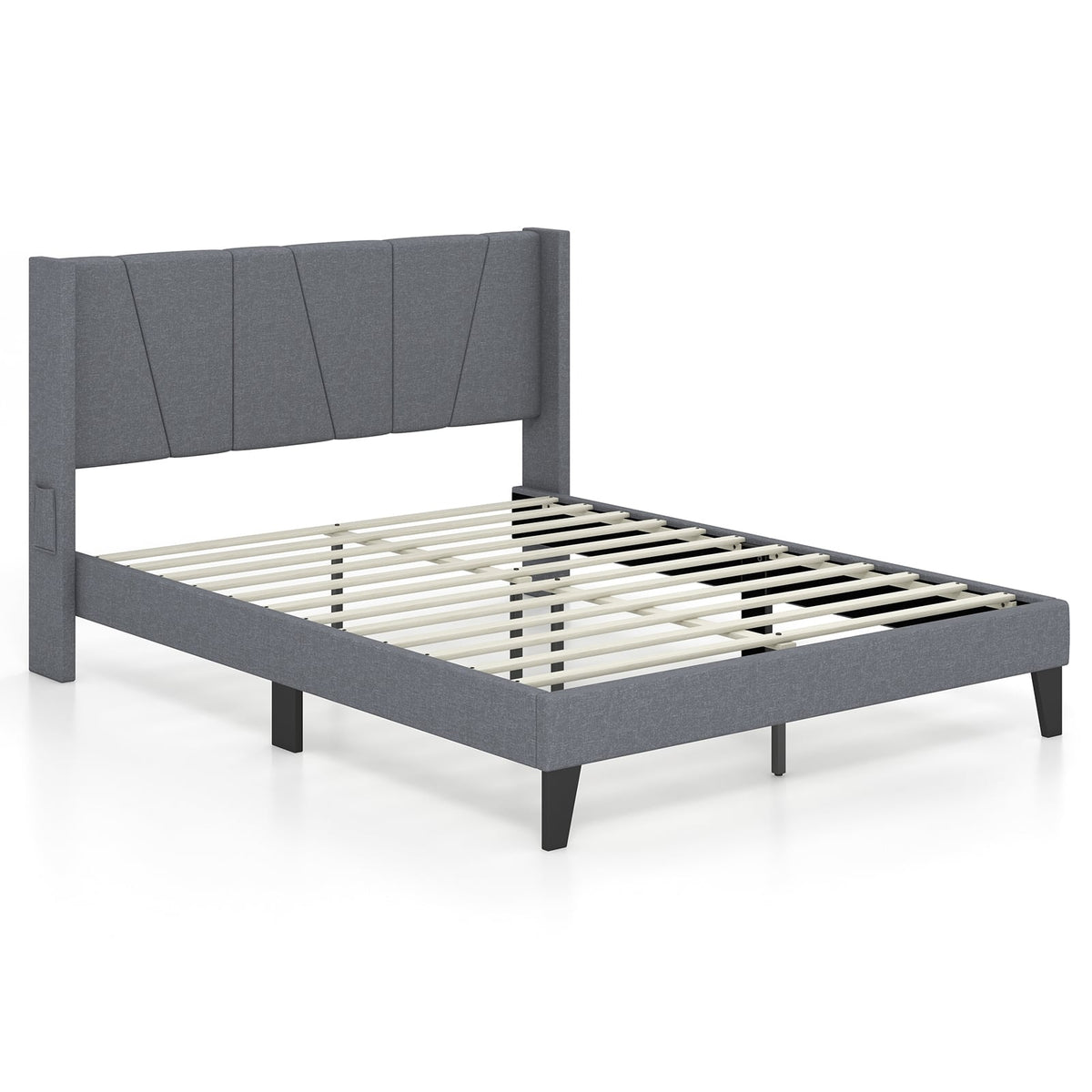 Full/Queen Size Bed Frame with Wingback Headboard and Wood Slat Support-Queen Size-Simple Bed Frame-DECOROLALA