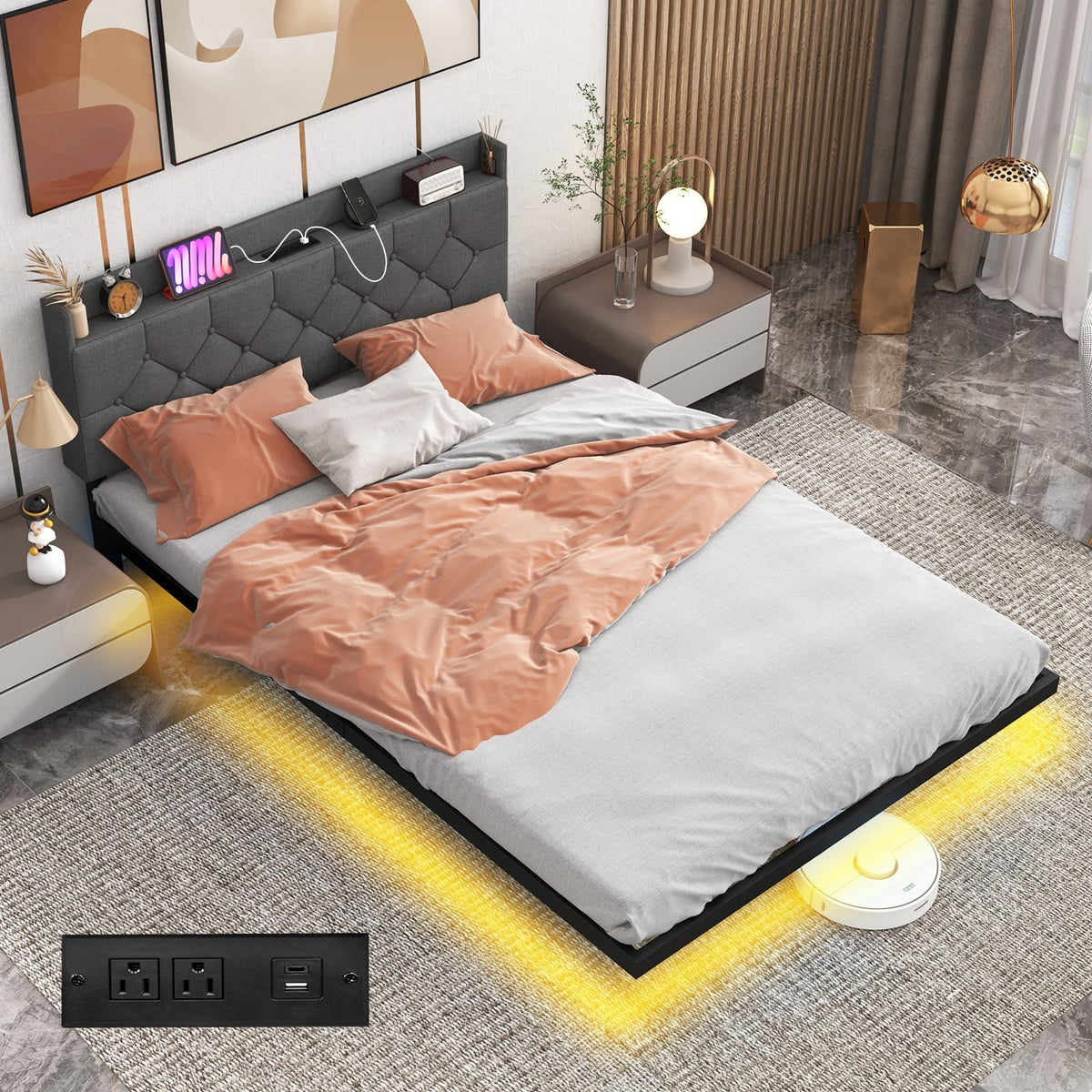 Full/Queen Size Floating Bed Frame with LED and Headboard and Charging Station-Full Size-Simple Bed Frame-DECOROLALA