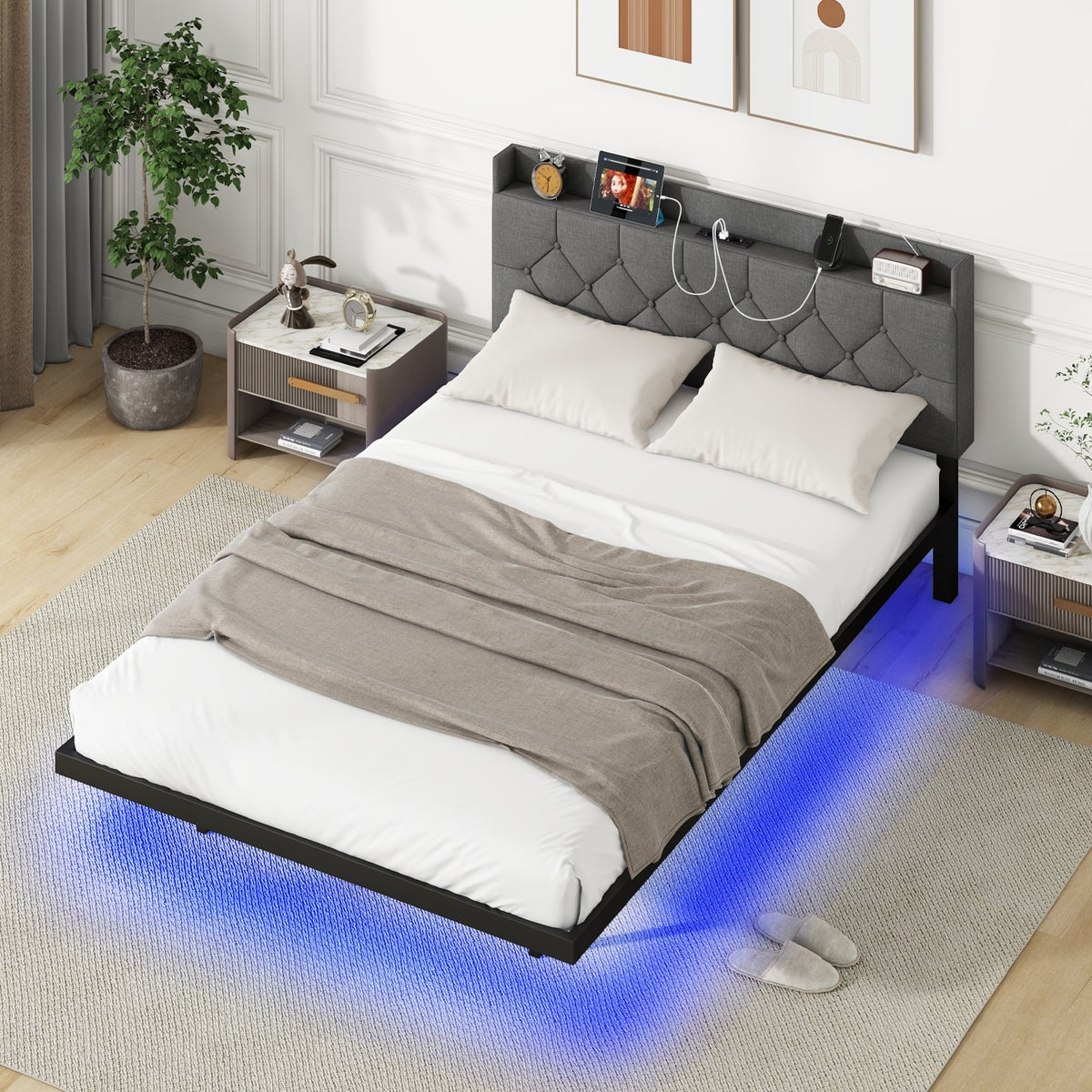 Full/Queen Size Floating Bed Frame with LED and Headboard and Charging Station-Full Size-Simple Bed Frame-DECOROLALA