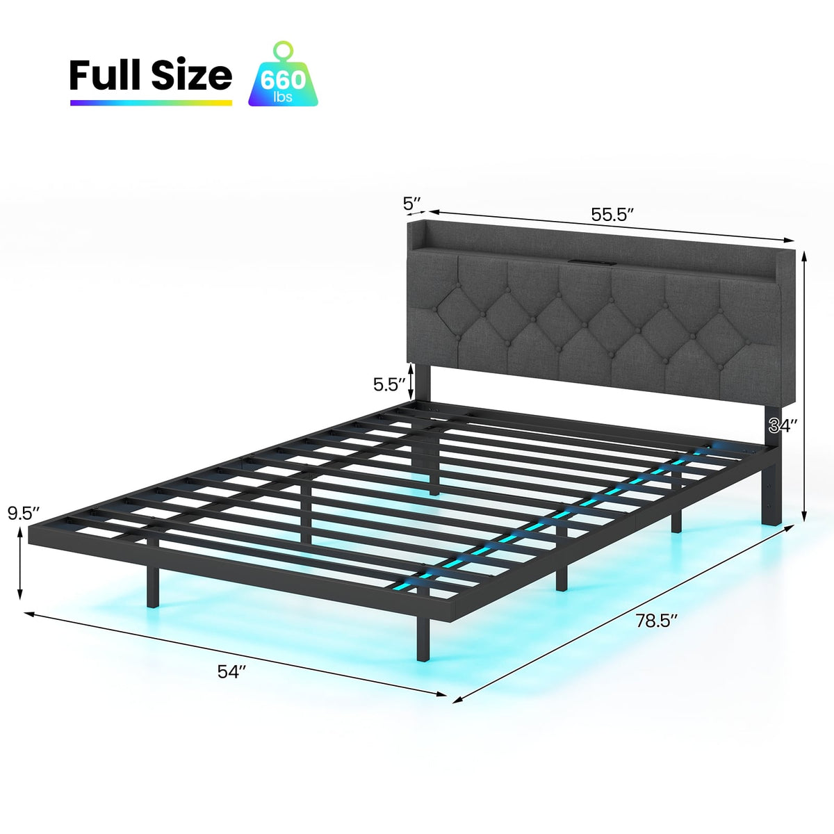 Full/Queen Size Floating Bed Frame with LED and Headboard and Charging Station-Full Size-Simple Bed Frame-DECOROLALA