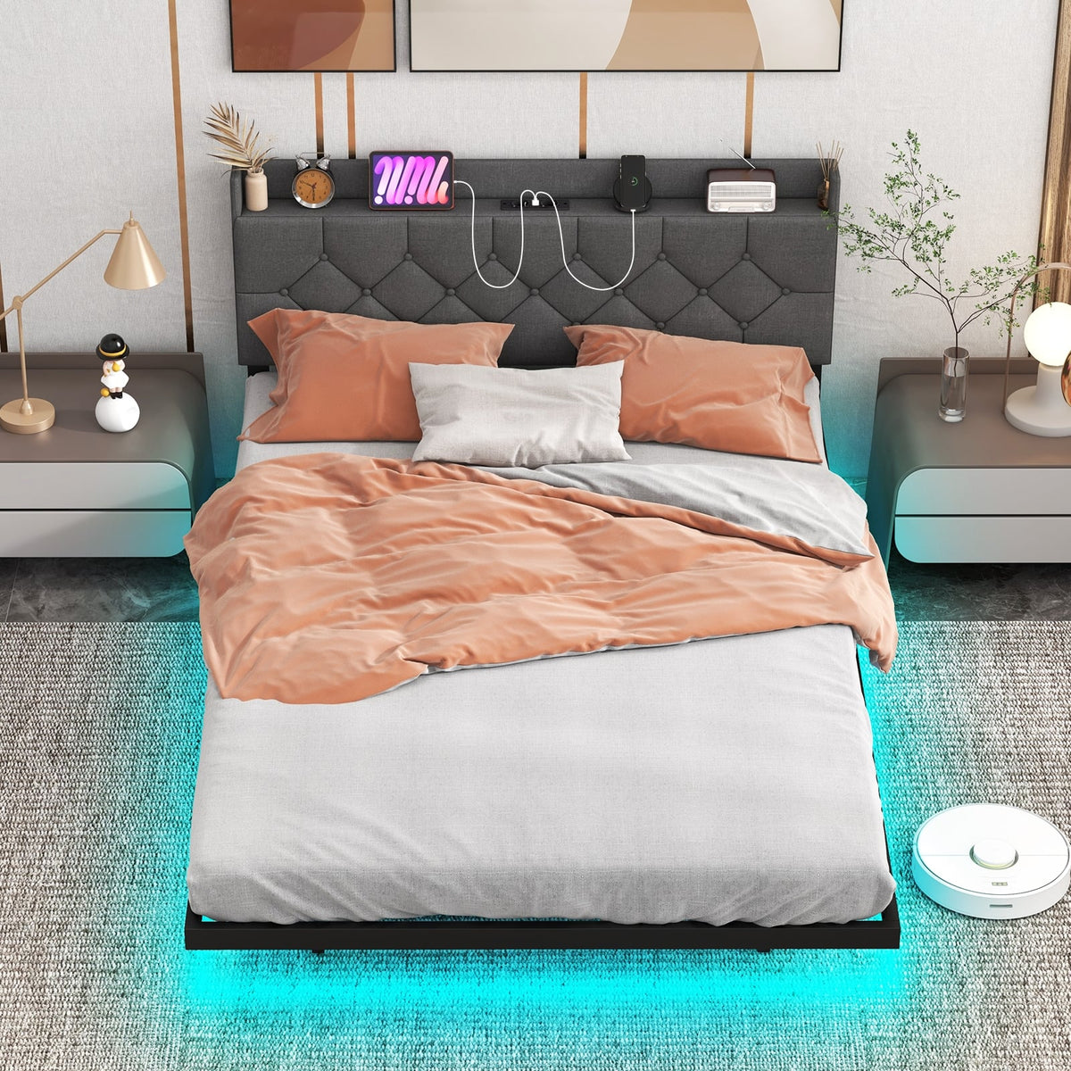 Full/Queen Size Floating Bed Frame with LED and Headboard and Charging Station-Full Size-Simple Bed Frame-DECOROLALA