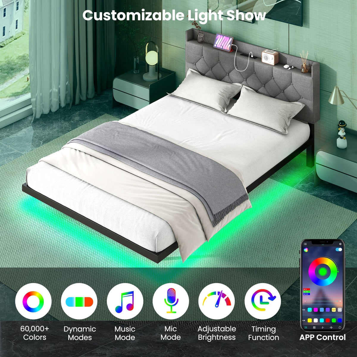 Full/Queen Size Floating Bed Frame with LED and Headboard and Charging Station-Full Size-Simple Bed Frame-DECOROLALA