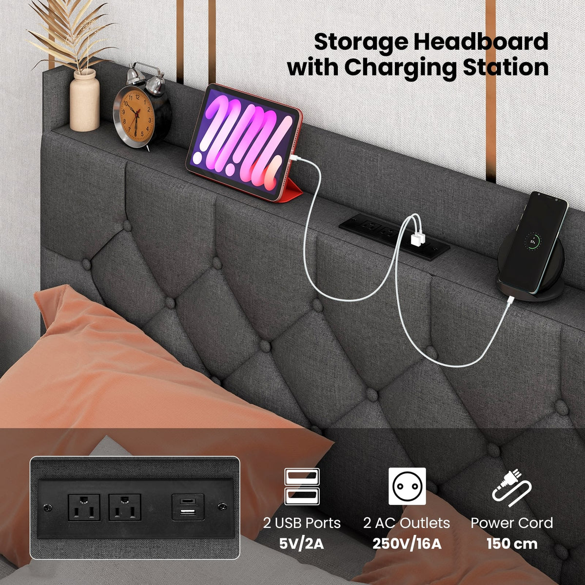 Full/Queen Size Floating Bed Frame with LED and Headboard and Charging Station-Full Size-Simple Bed Frame-DECOROLALA
