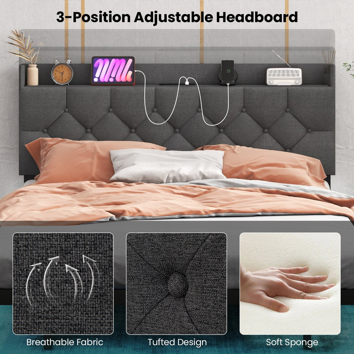 Full/Queen Size Floating Bed Frame with LED and Headboard and Charging Station-Full Size-Simple Bed Frame-DECOROLALA