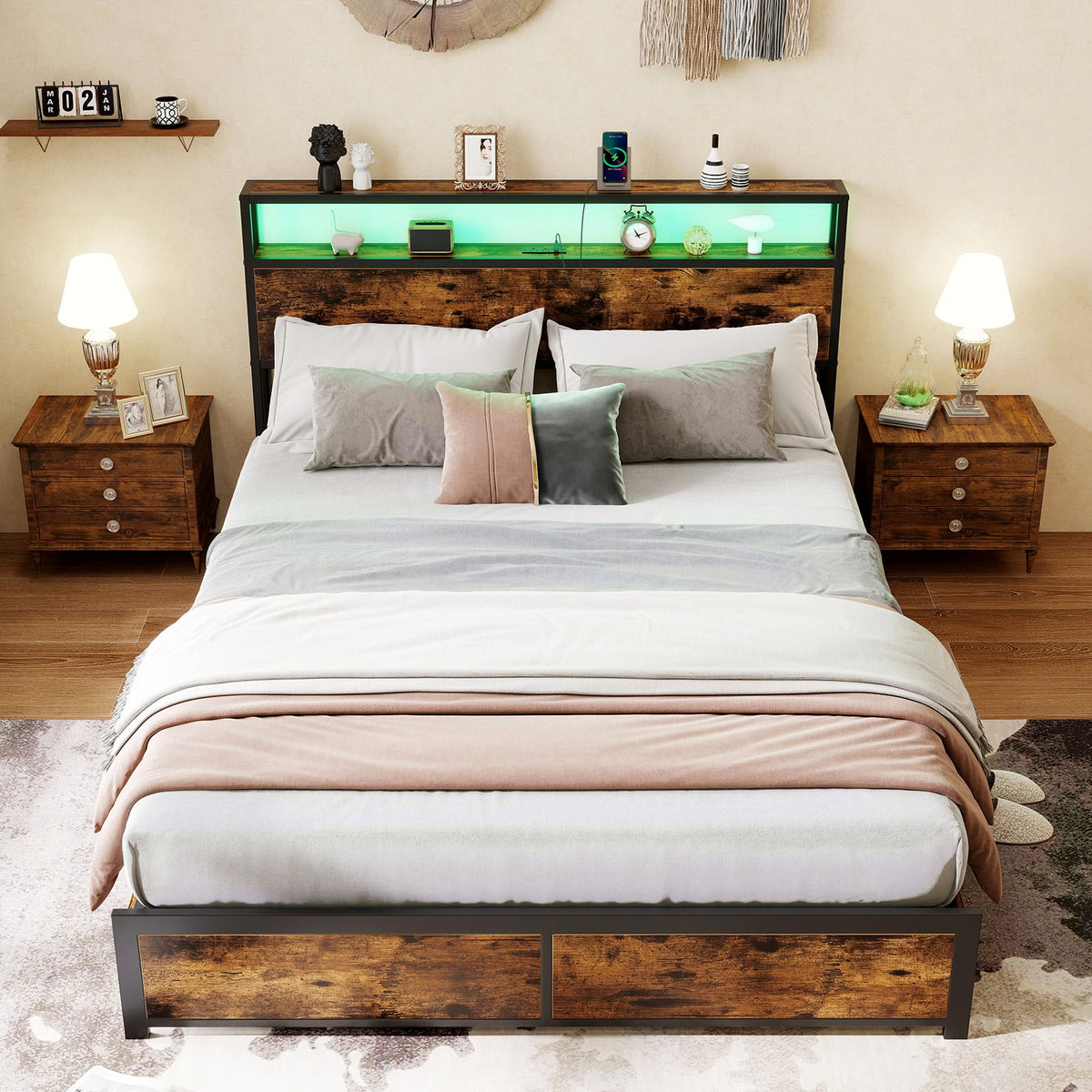 Full/Queen Size LED Bed Frame with Charging Station and 4 Storage Drawers-Queen-Simple Bed Frame-DECOROLALA