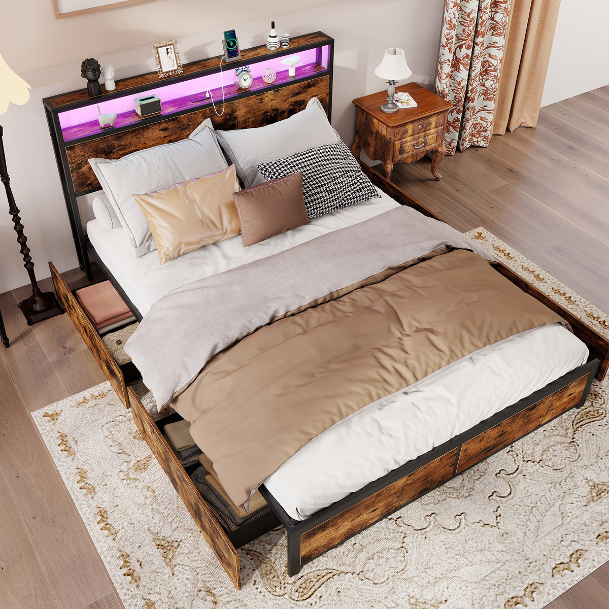 Full/Queen Size LED Bed Frame with Charging Station and 4 Storage Drawers-Queen-Simple Bed Frame-DECOROLALA