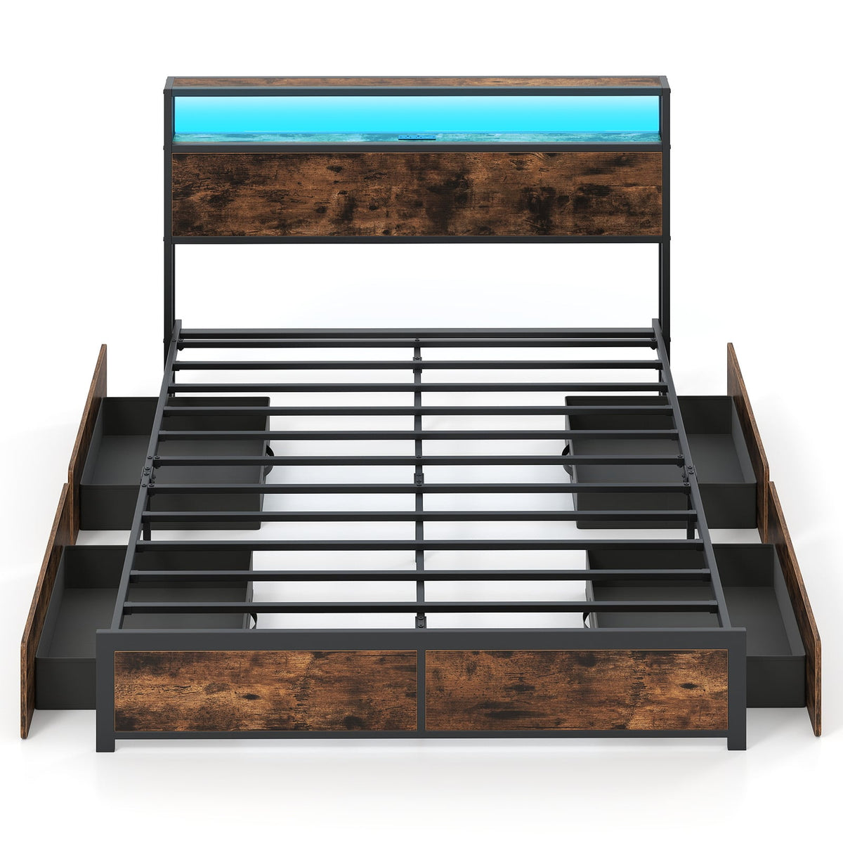 Full/Queen Size LED Bed Frame with Charging Station and 4 Storage Drawers-Queen-Simple Bed Frame-DECOROLALA