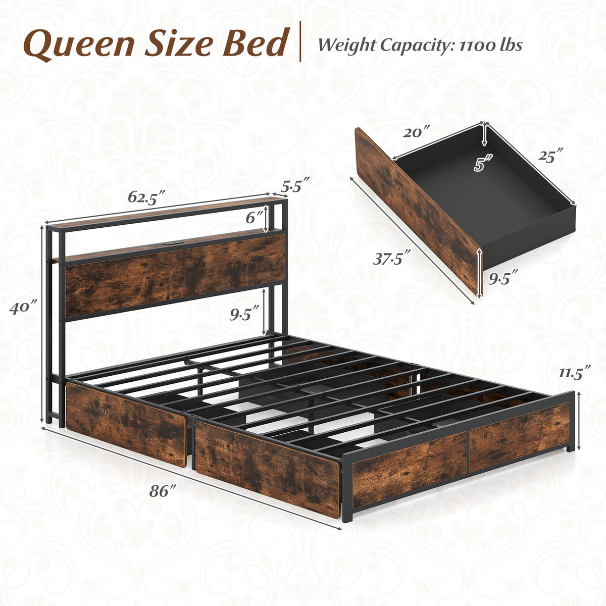 Full/Queen Size LED Bed Frame with Charging Station and 4 Storage Drawers-Queen-Simple Bed Frame-DECOROLALA