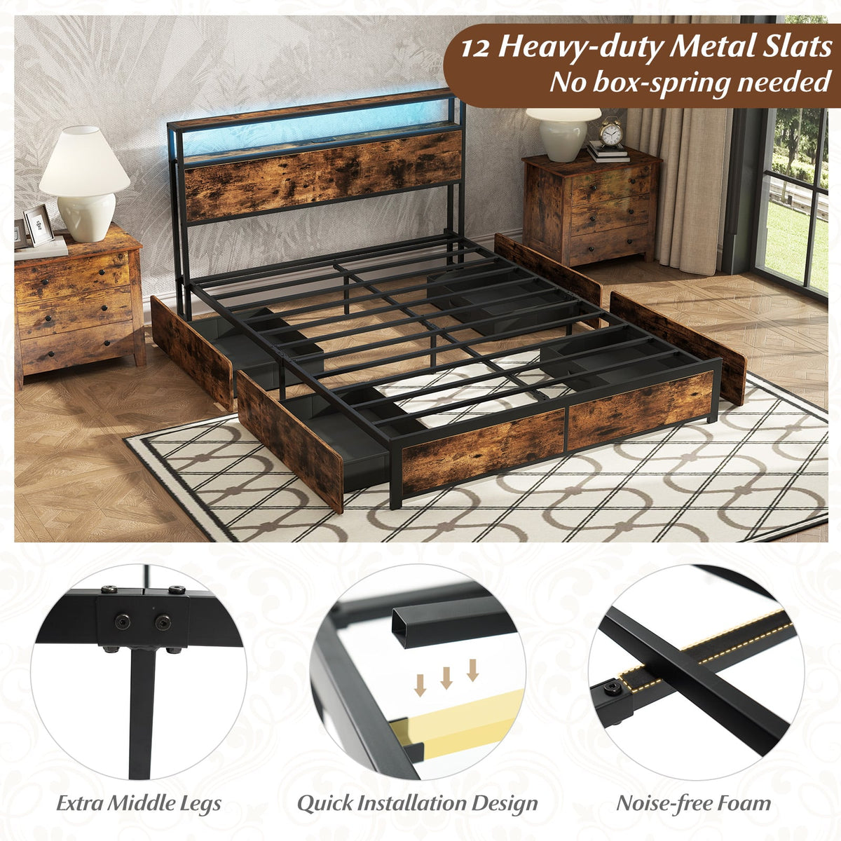 Full/Queen Size LED Bed Frame with Charging Station and 4 Storage Drawers-Queen-Simple Bed Frame-DECOROLALA