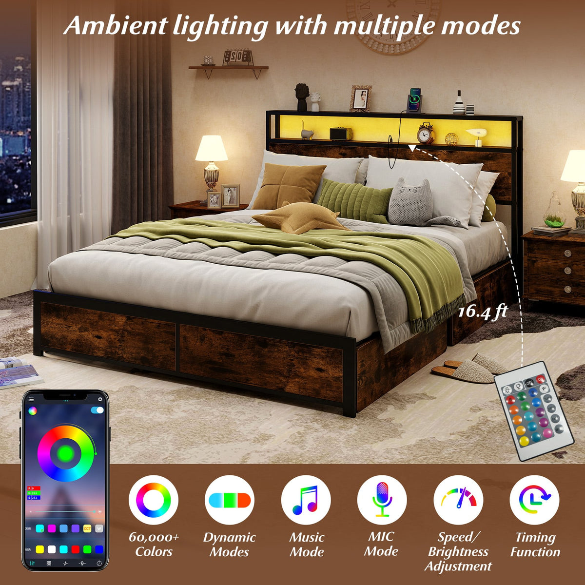 Full/Queen Size LED Bed Frame with Charging Station and 4 Storage Drawers-Queen-Simple Bed Frame-DECOROLALA