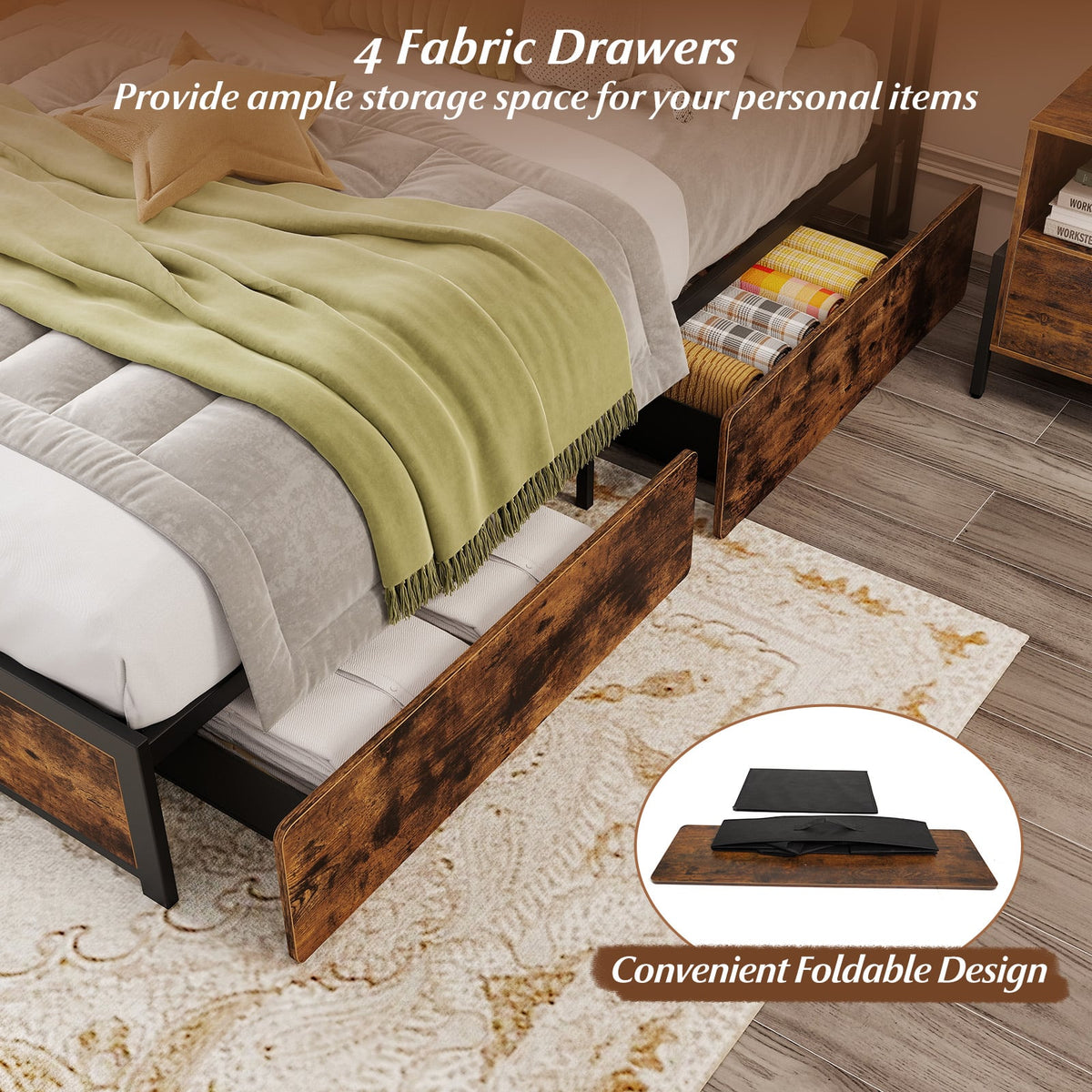 Full/Queen Size LED Bed Frame with Charging Station and 4 Storage Drawers-Queen-Simple Bed Frame-DECOROLALA