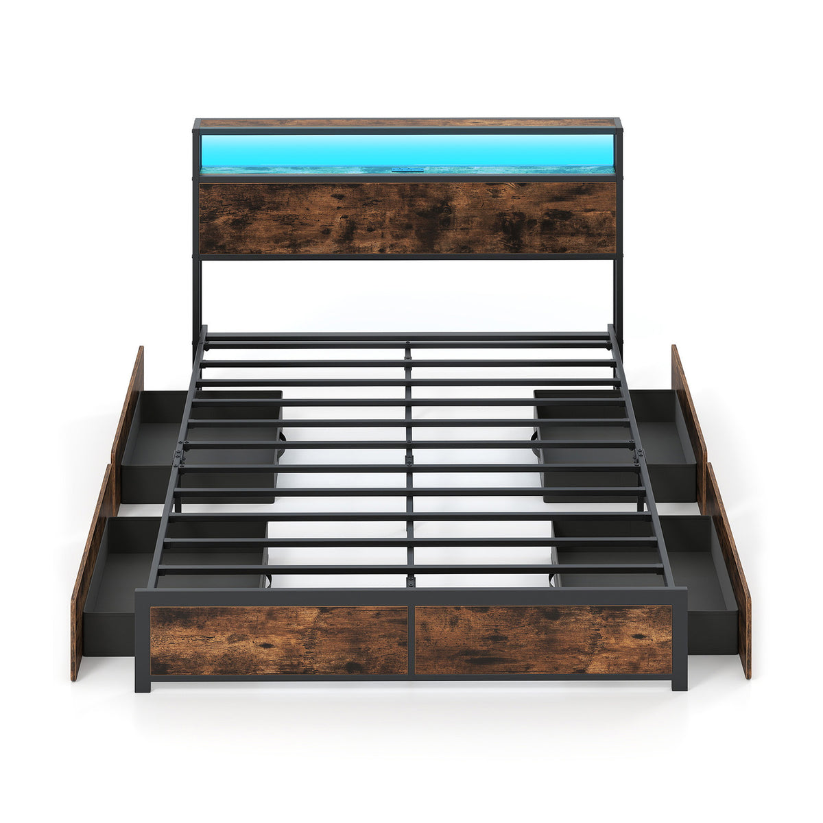Full/Queen Size LED Bed Frame with Charging Station and 4 Storage Drawers-Queen-Simple Bed Frame-DECOROLALA