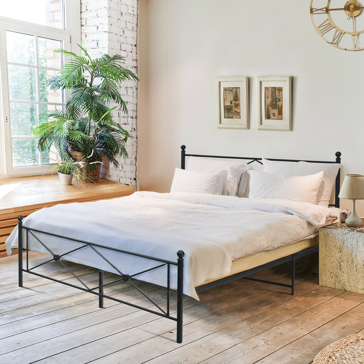 Full/Queen Size Metal Bed Frame Platform with Headboard-Queen Size-Simple Bed Frame-DECOROLALA