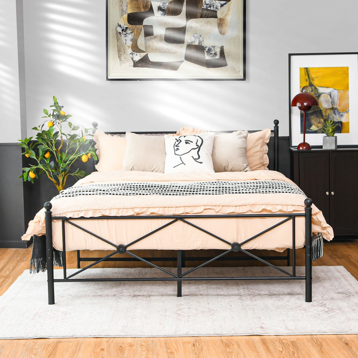 Full/Queen Size Metal Bed Frame Platform with Headboard-Queen Size-Simple Bed Frame-DECOROLALA
