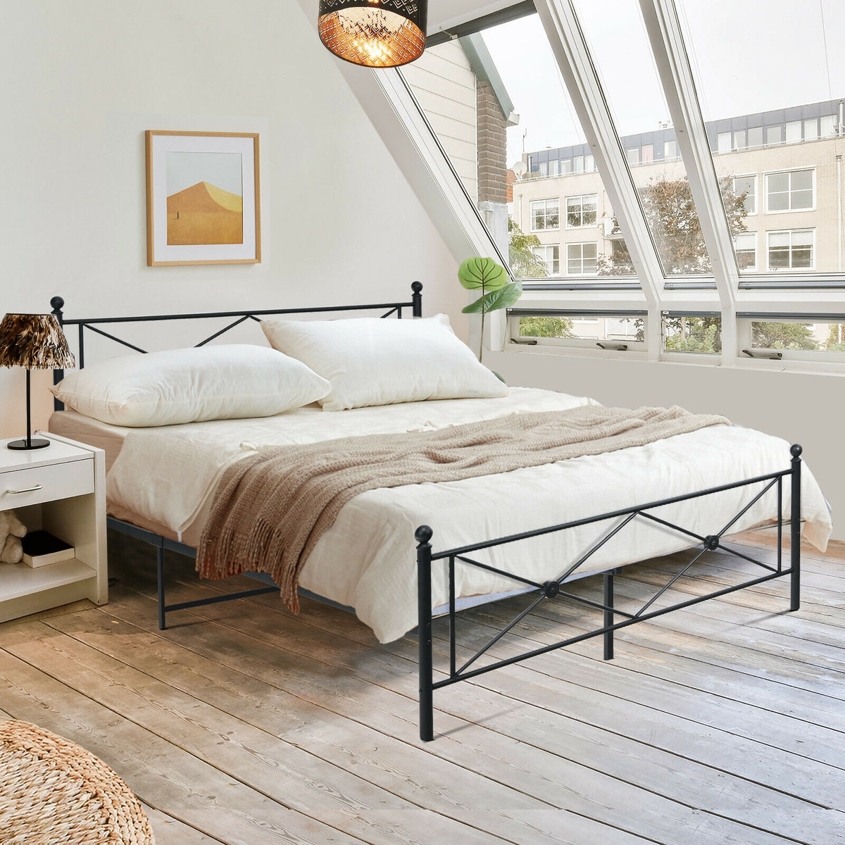Full/Queen Size Metal Bed Frame Platform with Headboard-Queen Size-Simple Bed Frame-DECOROLALA