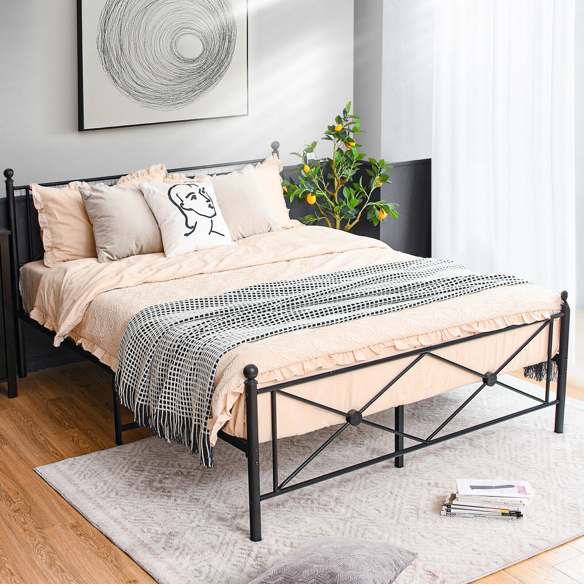 Full/Queen Size Metal Bed Frame Platform with Headboard-Queen Size-Simple Bed Frame-DECOROLALA