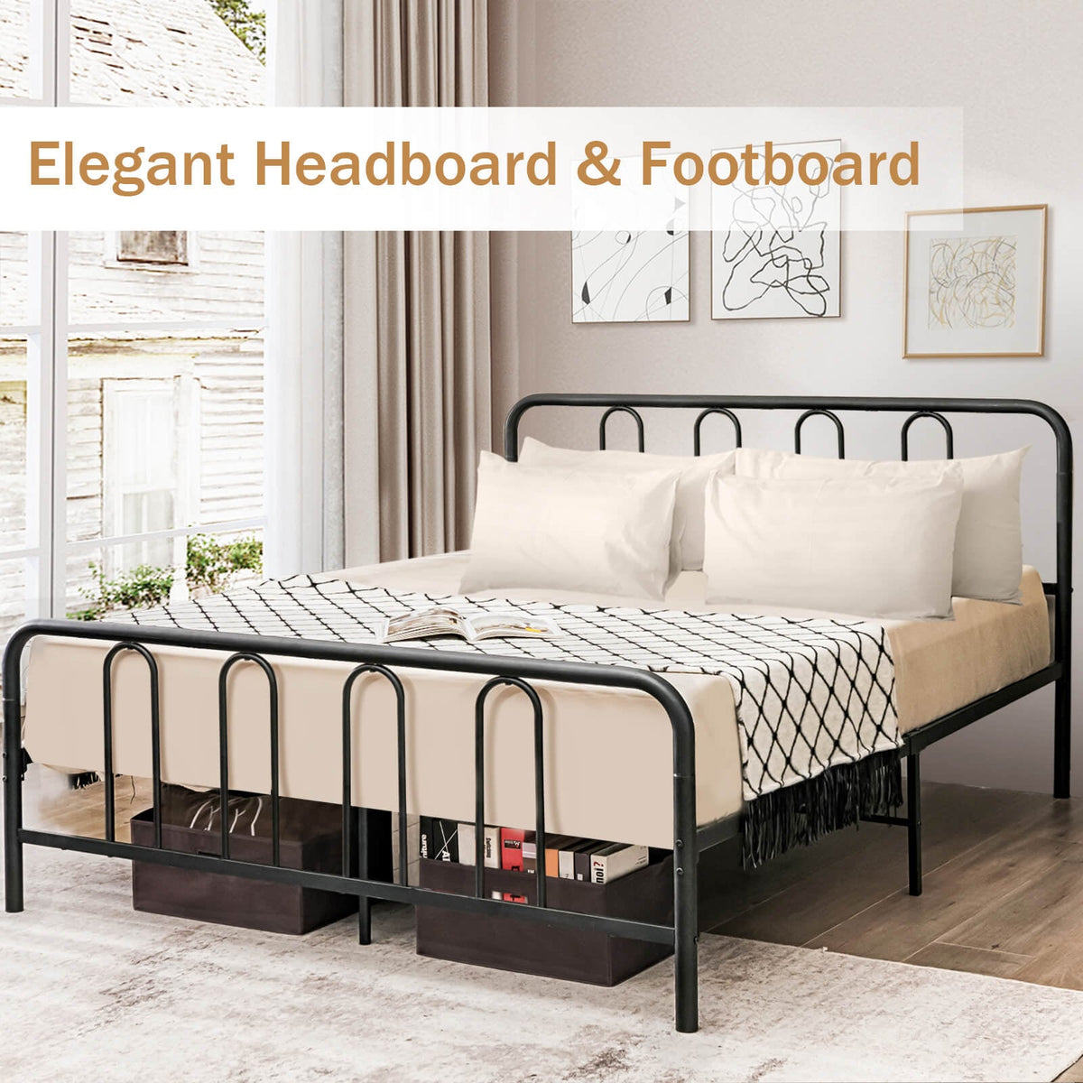 Full/Queen Size Metal Bed Frame with Headboard and Footboard-Full Size-Simple Bed Frame-DECOROLALA