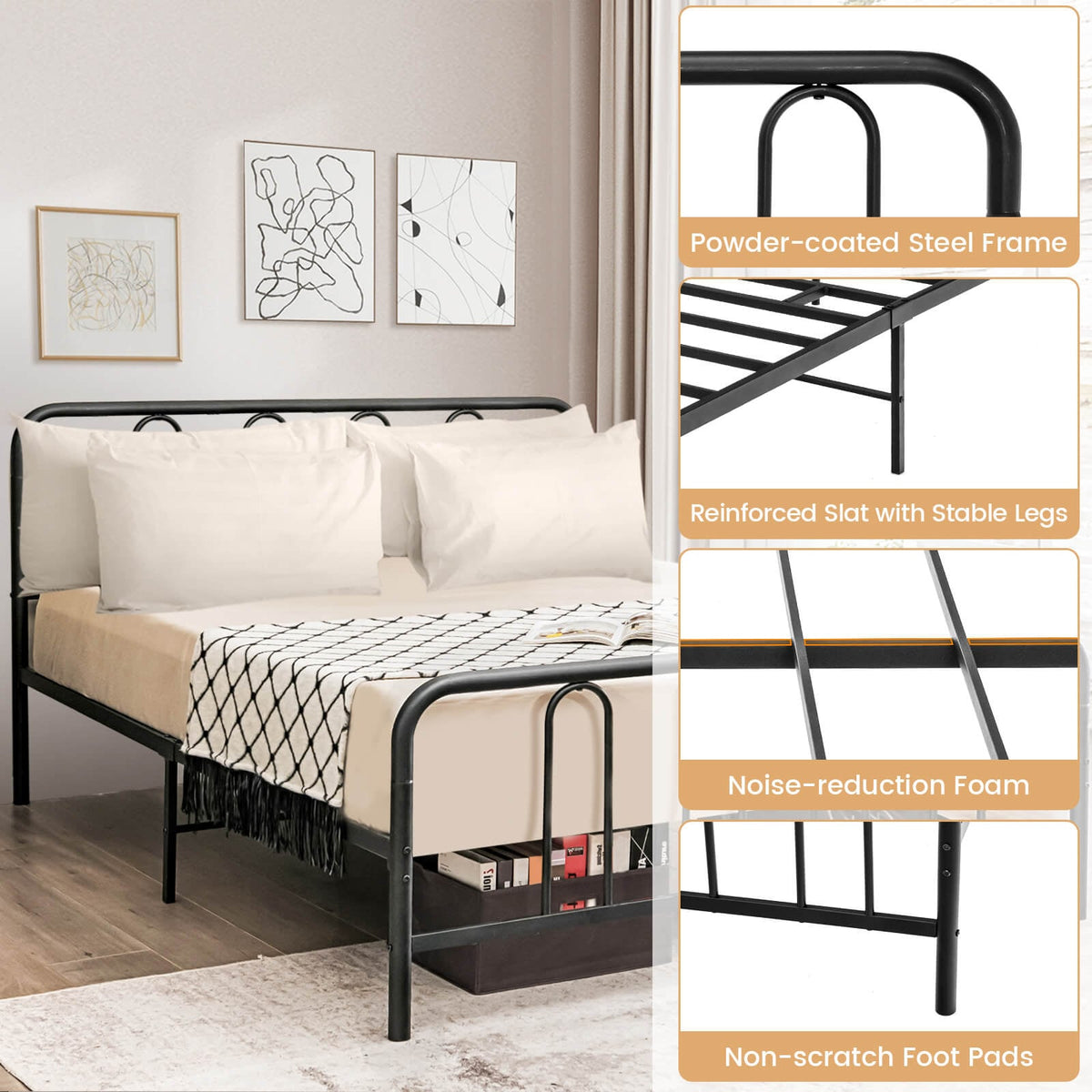 Full/Queen Size Metal Bed Frame with Headboard and Footboard-Full Size-Simple Bed Frame-DECOROLALA