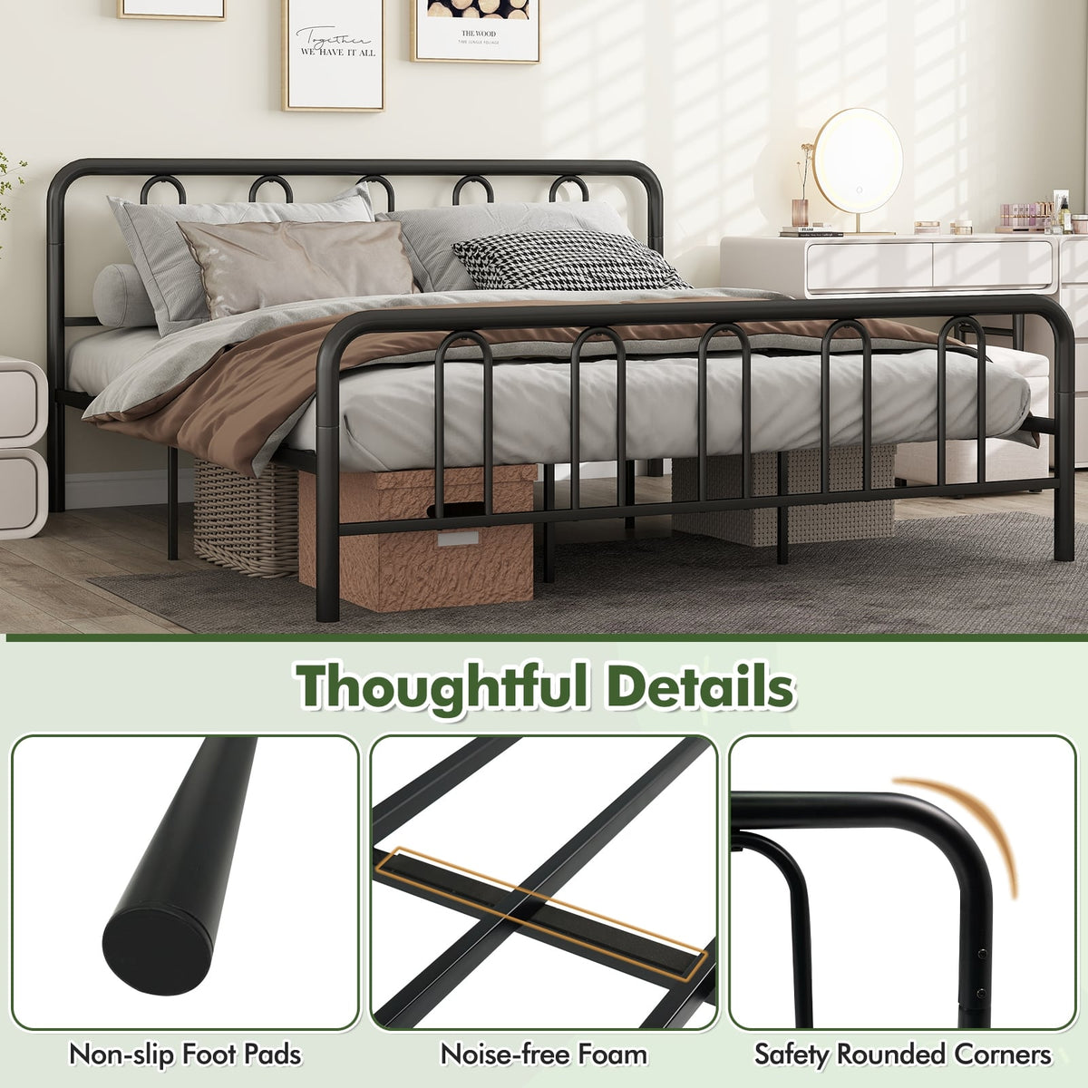 Full/Queen Size Metal Bed Frame with Headboard and Footboard-King Size-Simple Bed Frame-DECOROLALA