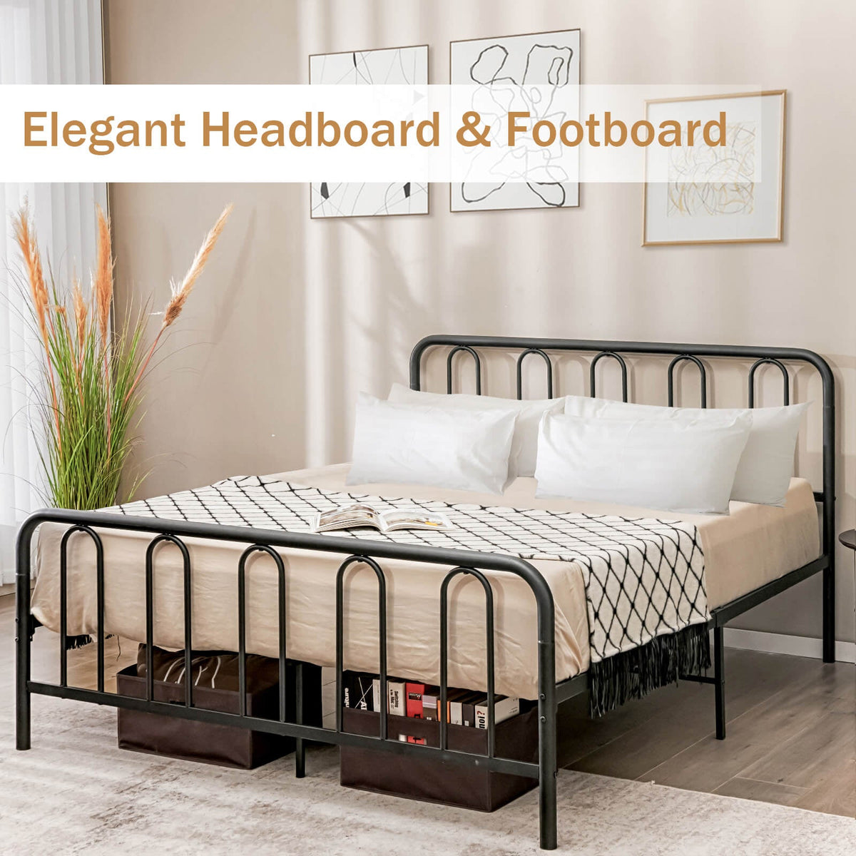 Full/Queen Size Metal Bed Frame with Headboard and Footboard-Simple Bed Frame-DECOROLALA
