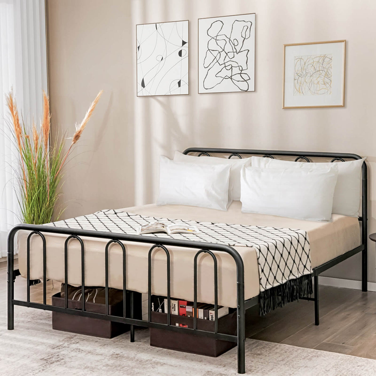 Full/Queen Size Metal Bed Frame with Headboard and Footboard-Simple Bed Frame-DECOROLALA