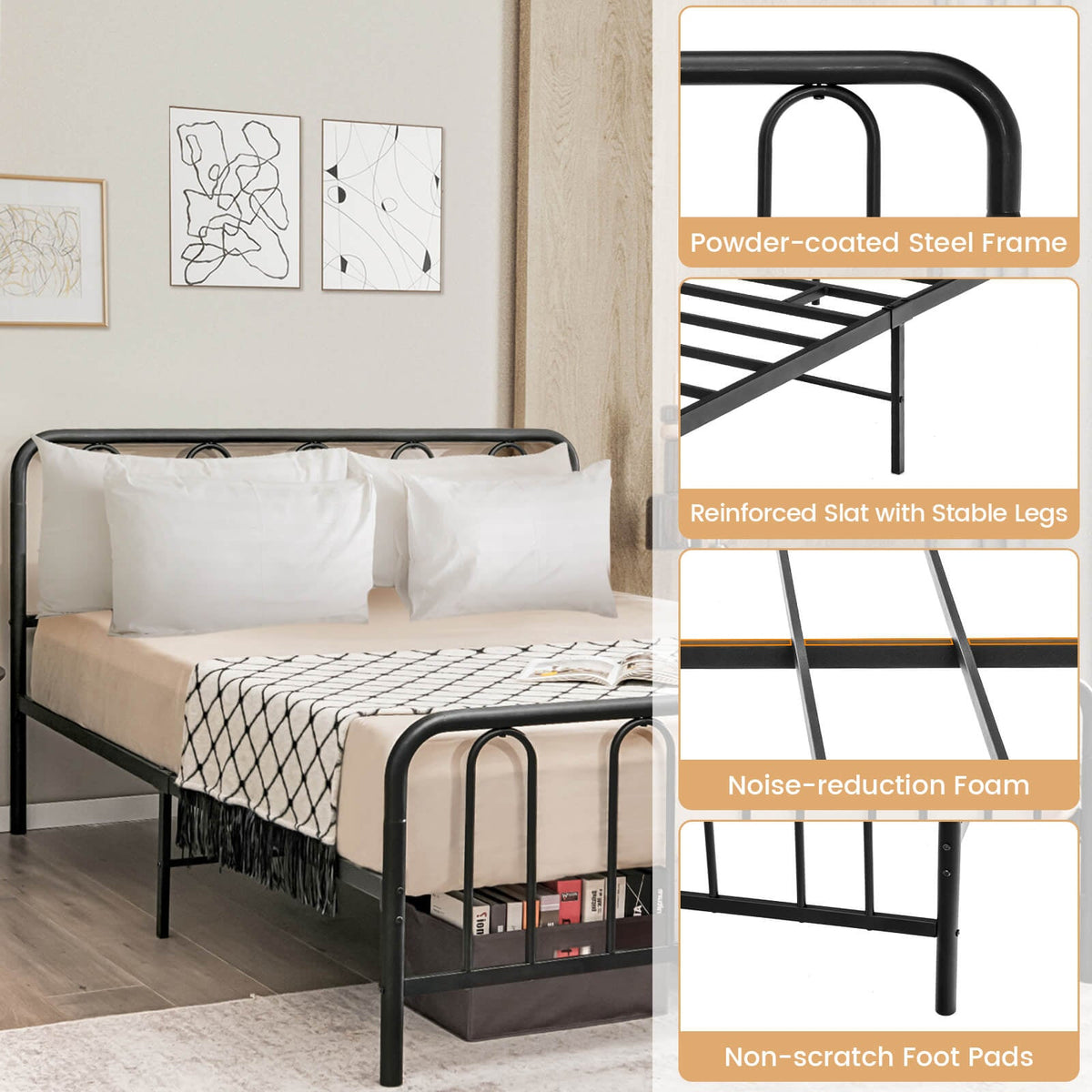 Full/Queen Size Metal Bed Frame with Headboard and Footboard-Simple Bed Frame-DECOROLALA