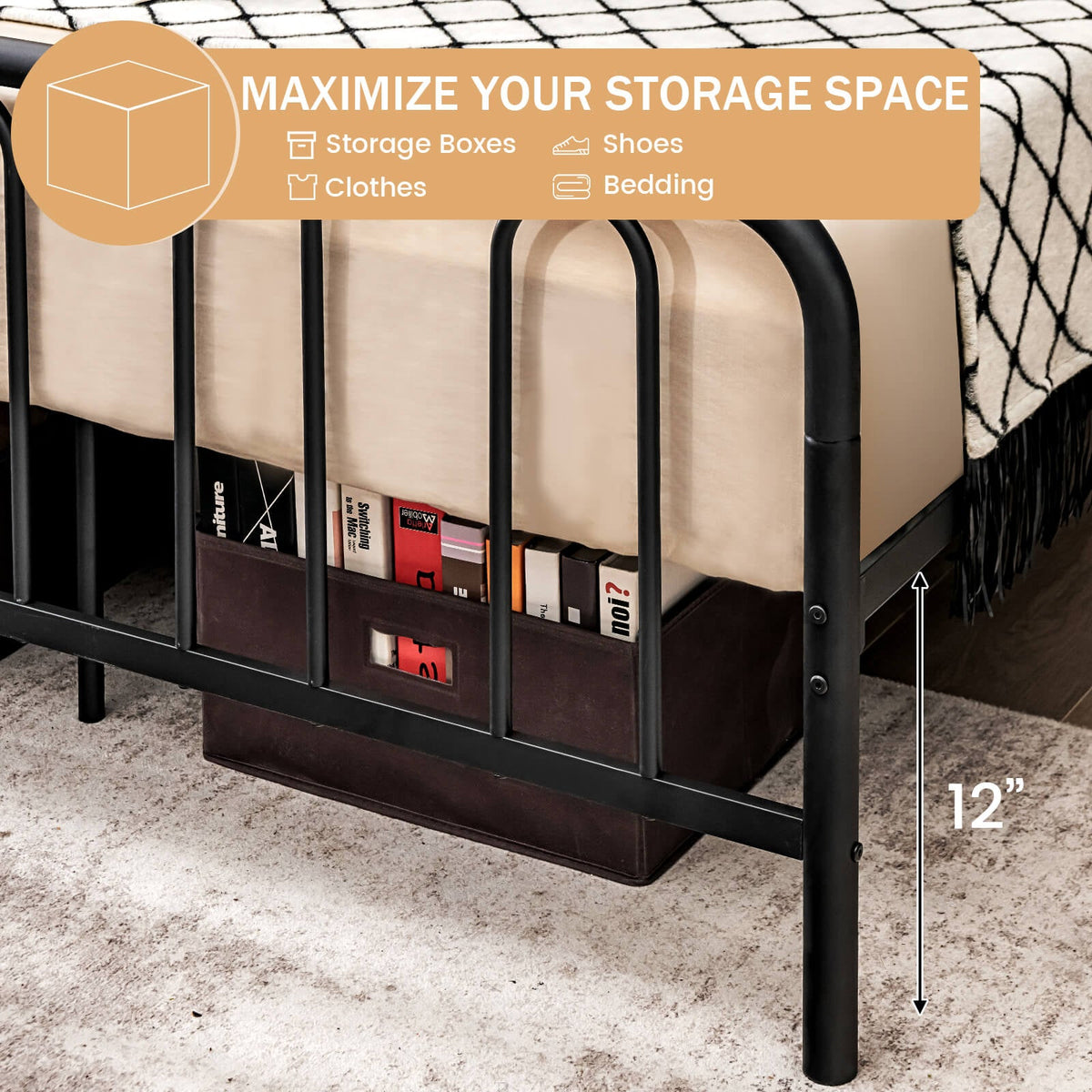 Full/Queen Size Metal Bed Frame with Headboard and Footboard-Simple Bed Frame-DECOROLALA