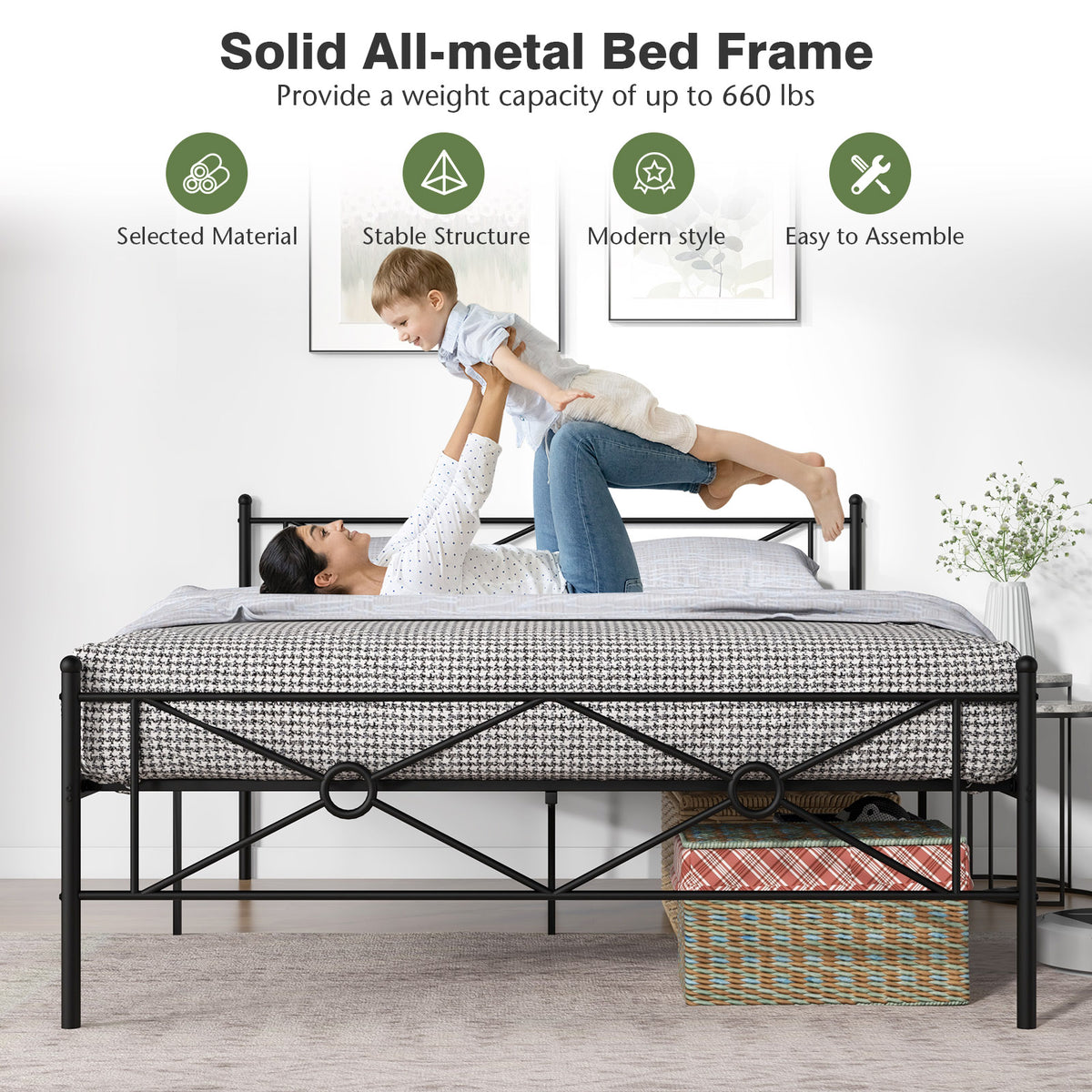 Full/Queen Size Metal Platform Bed Frame with Headboard and Footboard-Queen Size-Simple Bed Frame-DECOROLALA