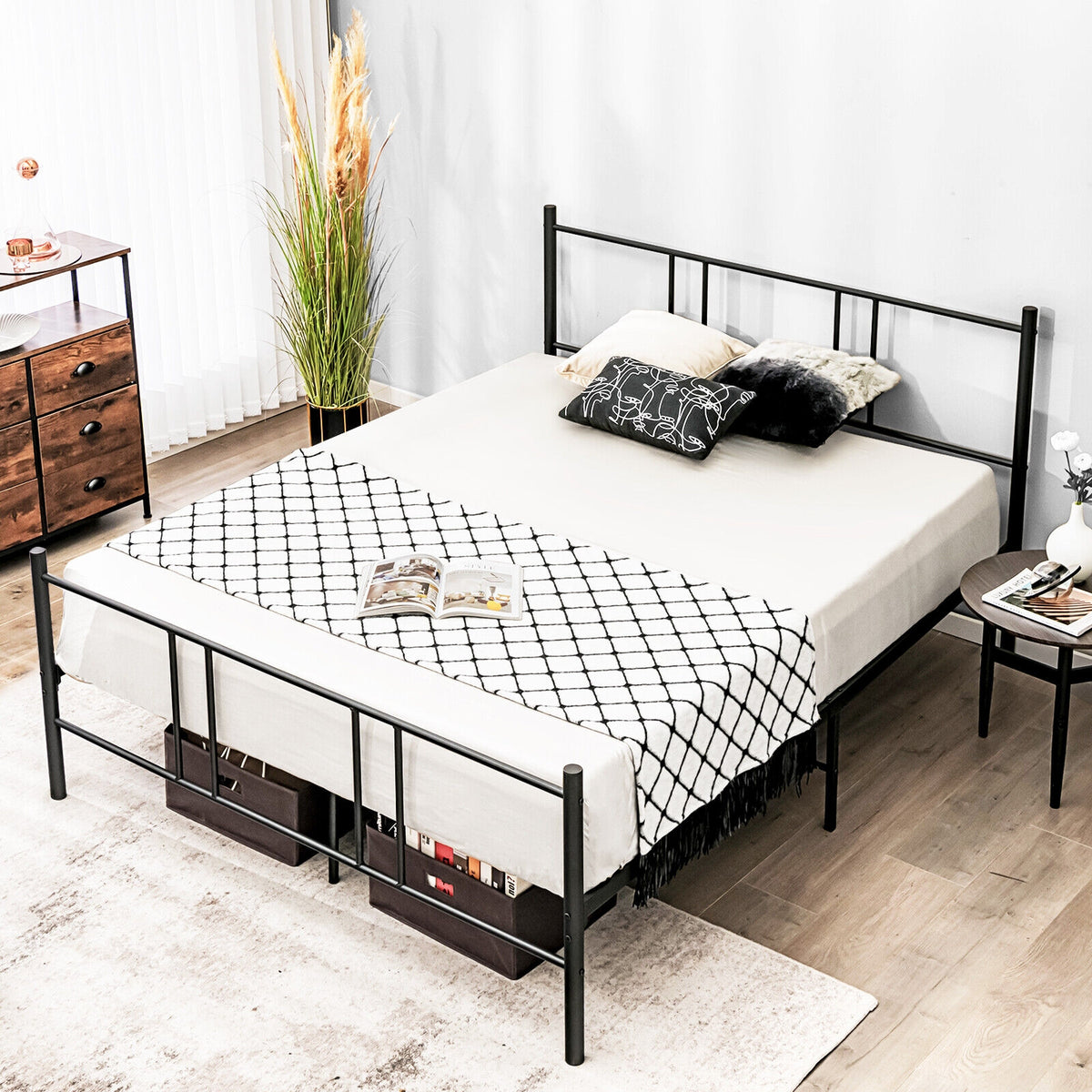 Full/Queen Size Platform Bed Frame with High Headboard-Queen Size-Simple Bed Frame-DECOROLALA